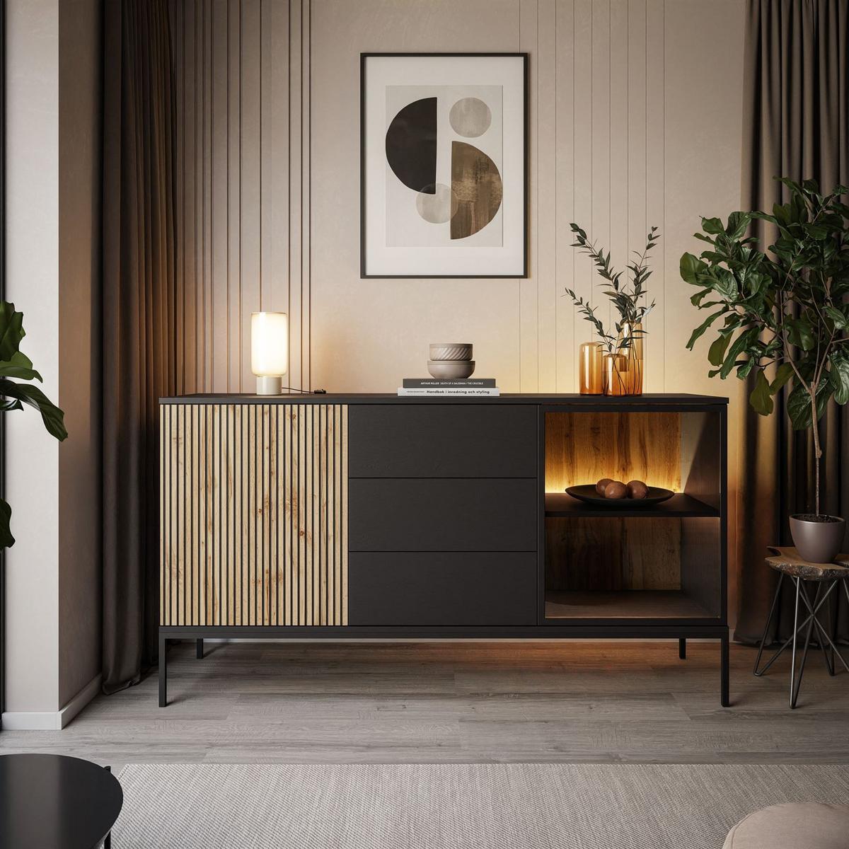 SIDEBOARD ECLIPSE KSZ154 mit Schubladen und Beleuchtung,Schwarz Eiche Wotan - Eiche Wotan, Holzwerkstoff (154/83/39cm) - Lookway