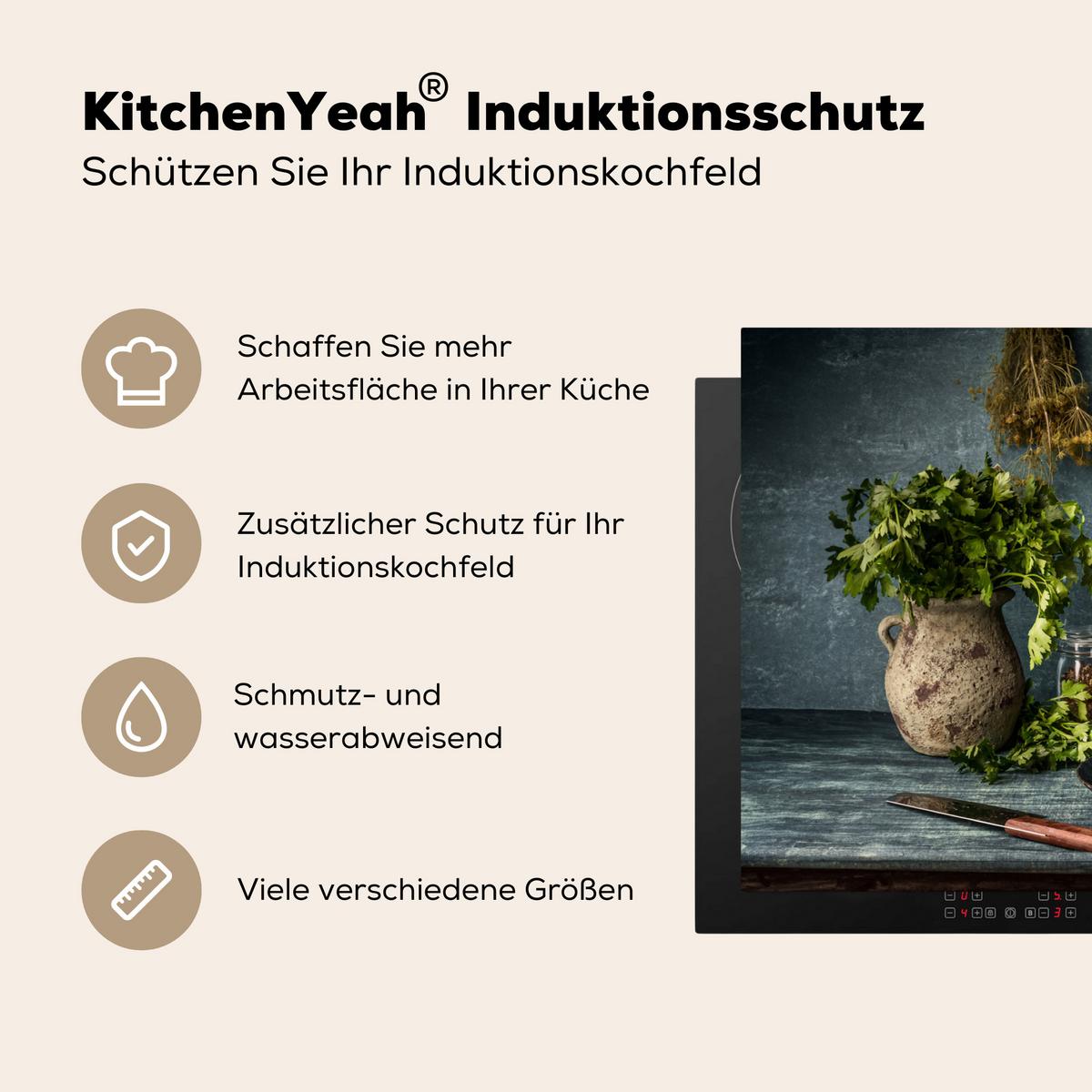 HERDABDECKPLATTE Kräuter - Gewürze - Pfanne - Messer - Grau - Rustikal Ceranfeldabdeckung 85x52 cm - Petrol, Kunststoff (85/52/0.2cm) - MuchoWow