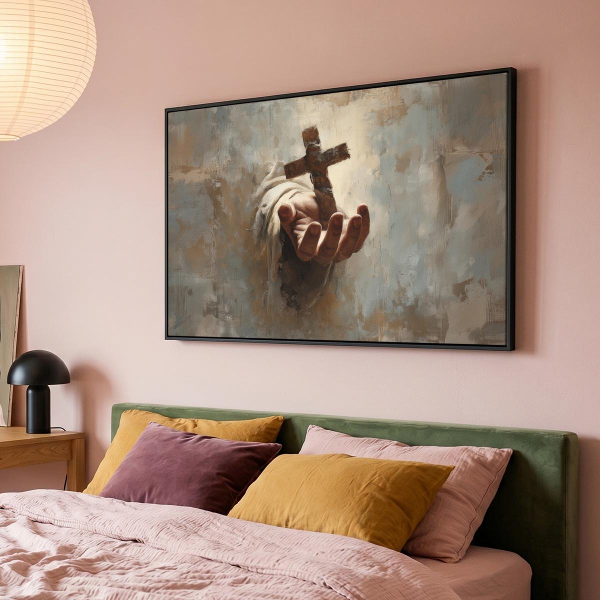 LEINWAND Bilder mit Rahmen - Abstrakt - Kreuz - Hand - Christentum - 150x100 - Hellbraun, Textil (150/100cm) - MuchoWow