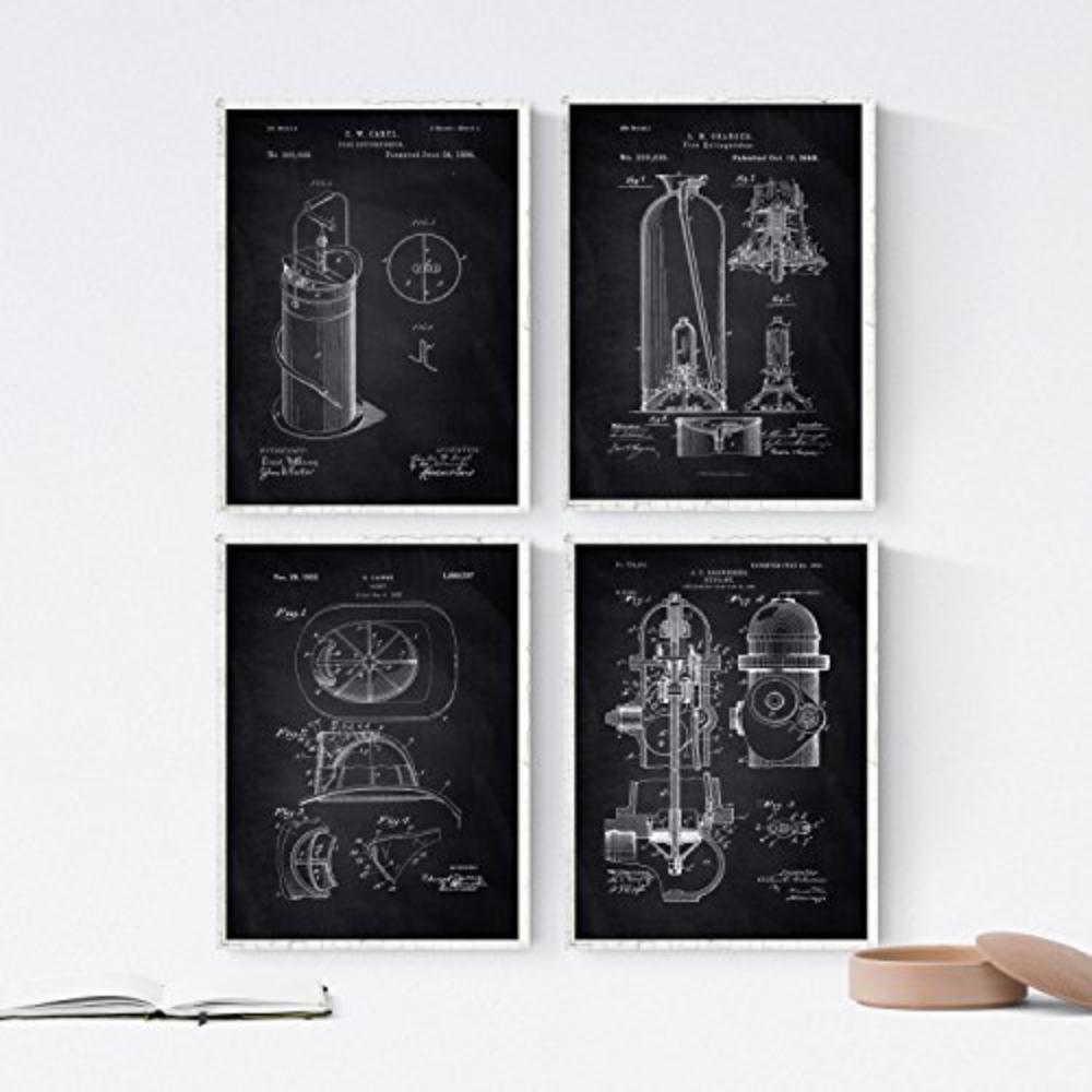 POSTER Set mit 4 Schwarz Feuerwehr Patent A4 Schwarzer Rahmen - Schwarz, Papier (29.7/3cm) - Nacnic
