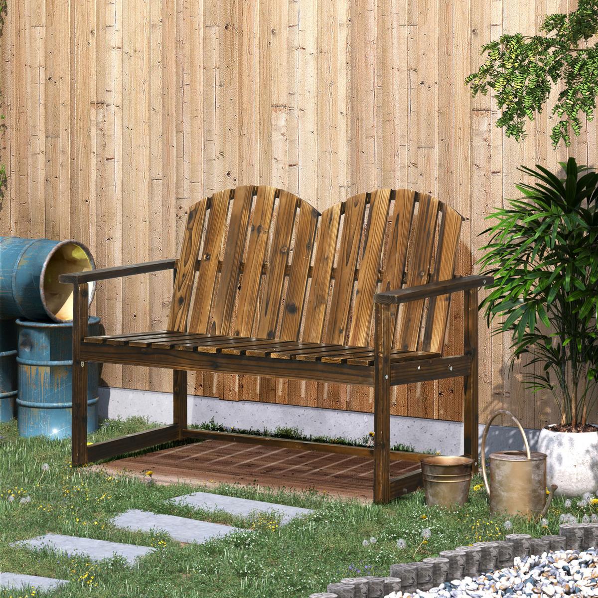 GARTENBANK, 2-Sitzer Sitzbank, Holzbank mit Rückenlehne, Armlehne, Parkbank, Verkohlt - Dunkelbraun, Holz (63/86/114cm) - Outsunny