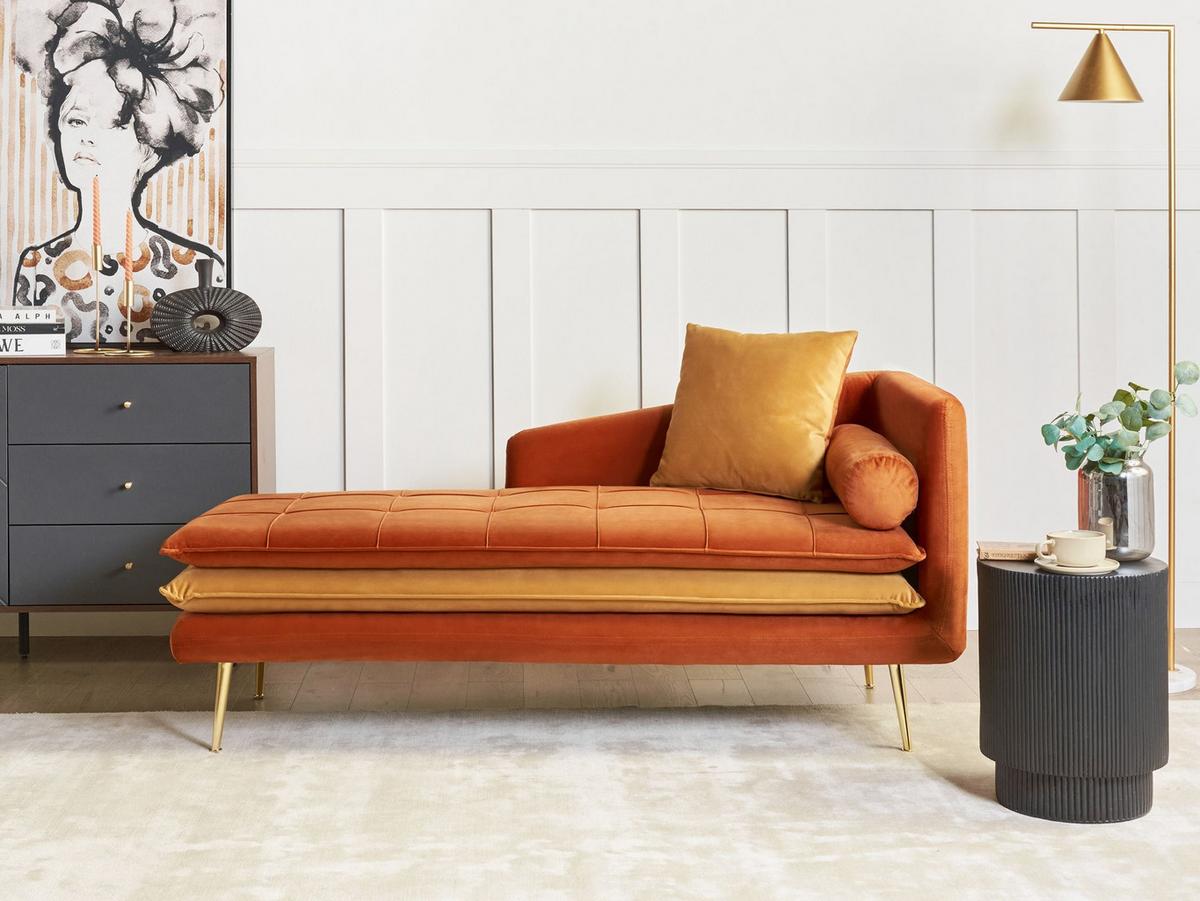 CHAISELONGUE-RECHTSSEITIGE Samtstoff Orange Gonesse - Goldfarben/Orange, Textil (160/72/79cm) - Beliani