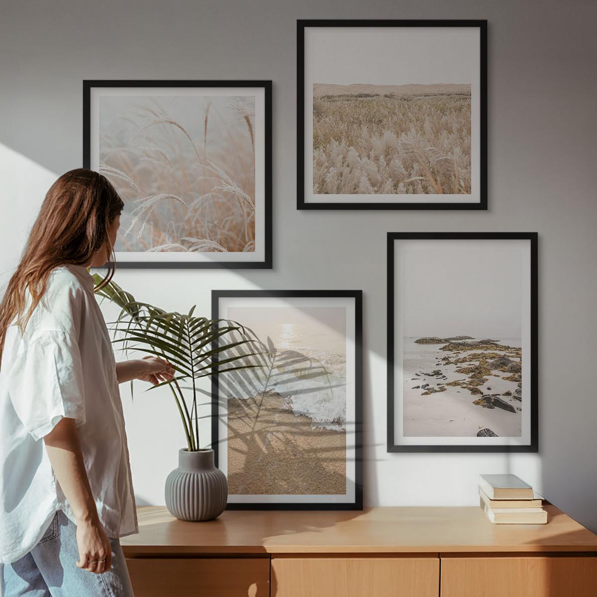 BILDER SET 4er Set - 50x50 cm & 40x60 cm Schwarzer Rahmen - Strandwellen, Steine, Sommer - Schwarz, Kunststoff (50/50cm) - TULUP
