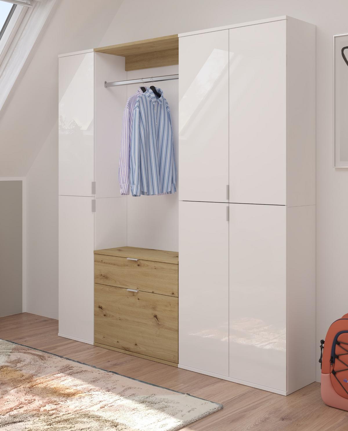 GARDEROBENSCHRANK weiß Hochglanz, Eiche 152 cm, Komplettset mit viel Stauraum - Weiß Hochglanz/Eiche Artisan, Holzwerkstoff/Metall (152/193/34cm) - Inn.Furn
