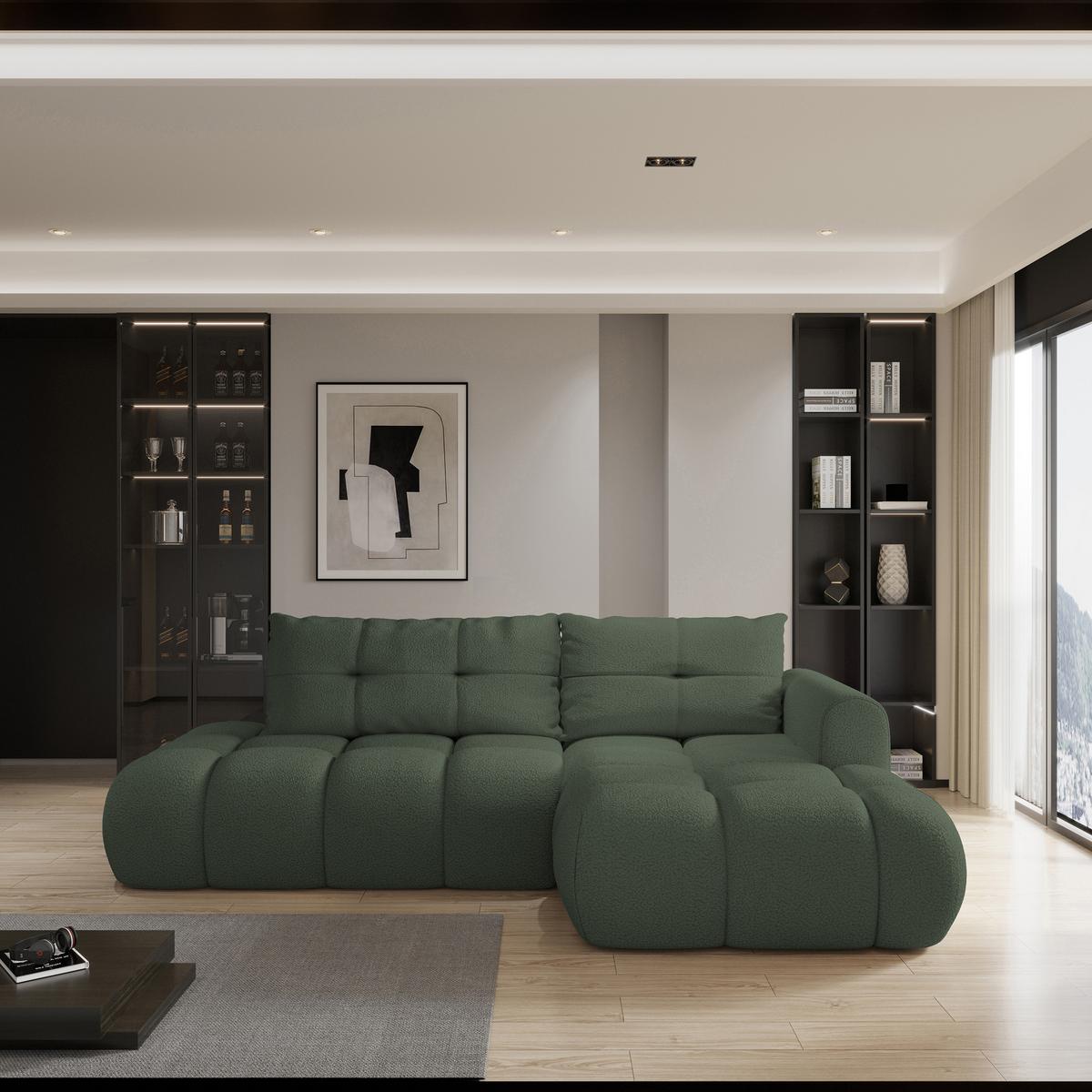 ECKSOFA FLUMA R-S Grün Boucle-Stoff mit Schlaffunktion - Grün, Holz (279/158cm) - MASSENO