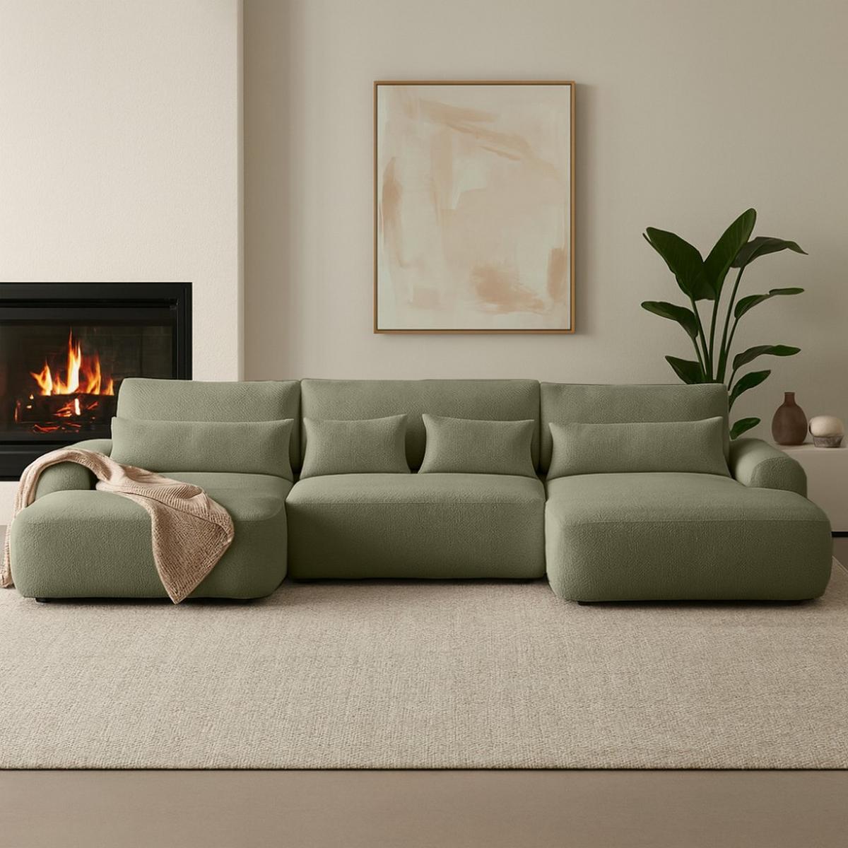 WOHNLANDSCHAFT Oliver mit Schlaffunktion, Grün, Bouclé-Stoff - Schwarz/Grün, Holzwerkstoff (355/87/160cm) - Beautysofa