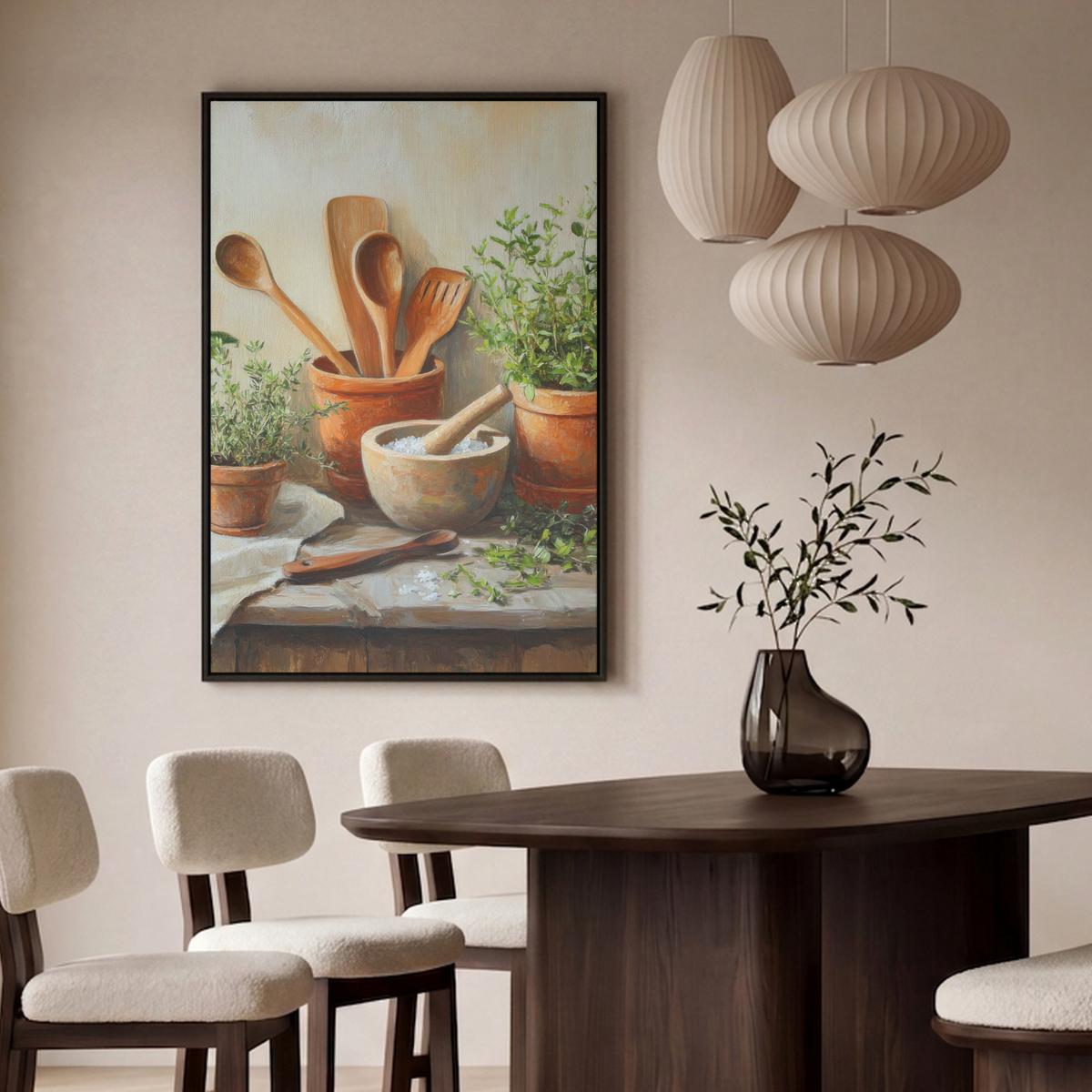 LEINWAND Bilder mit Rahmen - Töpfe - Kräuter - Holz - 90x140 - Terracotta, Textil (90/140cm) - MuchoWow