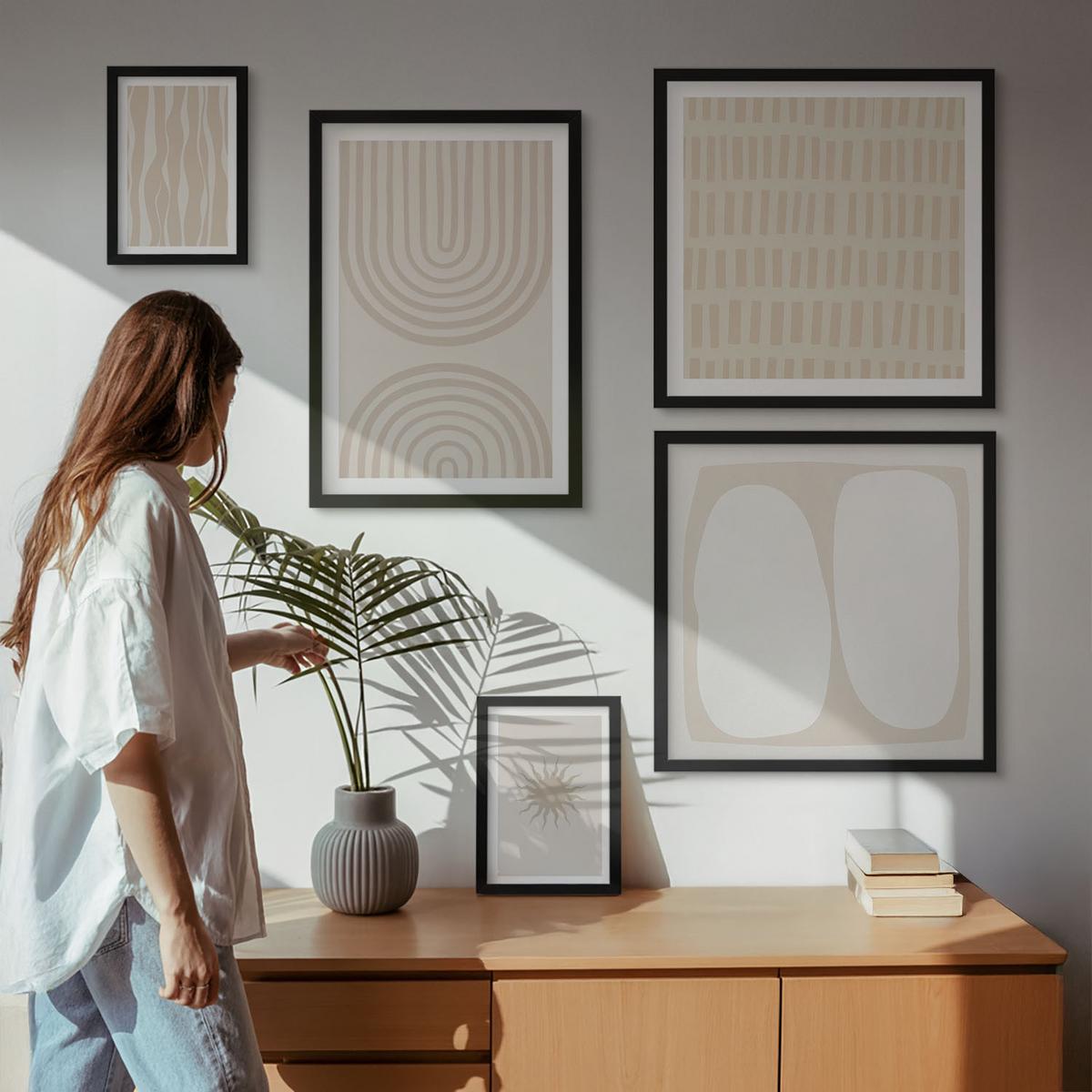 BILDER SET 5er Set - 50x50 cm & 20x30 cm & 40x60 cm Schwarzer Rahmen - Abstrakte Boho-Musterformen - Schwarz, Kunststoff (40/60cm) - TULUP