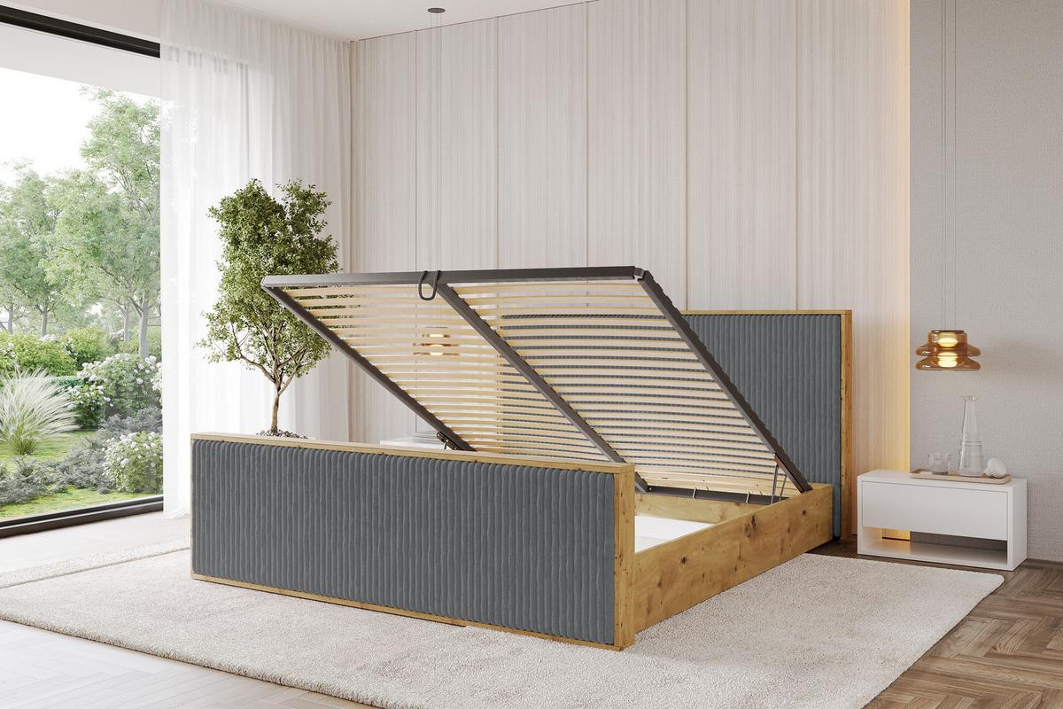 POLSTERBETT mit Bettkasten und Lattenrost, Boxbett mit Stauraum und Kopftei mit Matratze H3/H4 - ENZO10 200x200 Dunkelgrau - Dunkelgrau, Holzwerkstoff/Textil (200/200cm) - ALTDECOR
