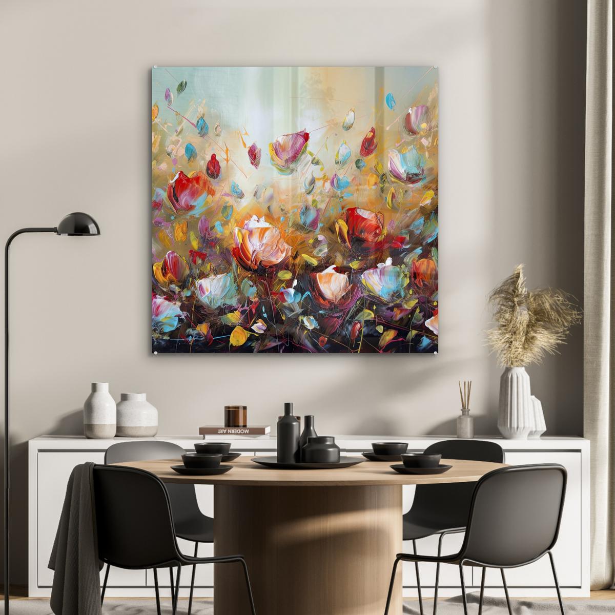 ACRYLGLASBILD Blumen - Kunst - Natur - Ölgemälde 90x90 cm - Multicolor, Glas (90/90cm) - MuchoWow