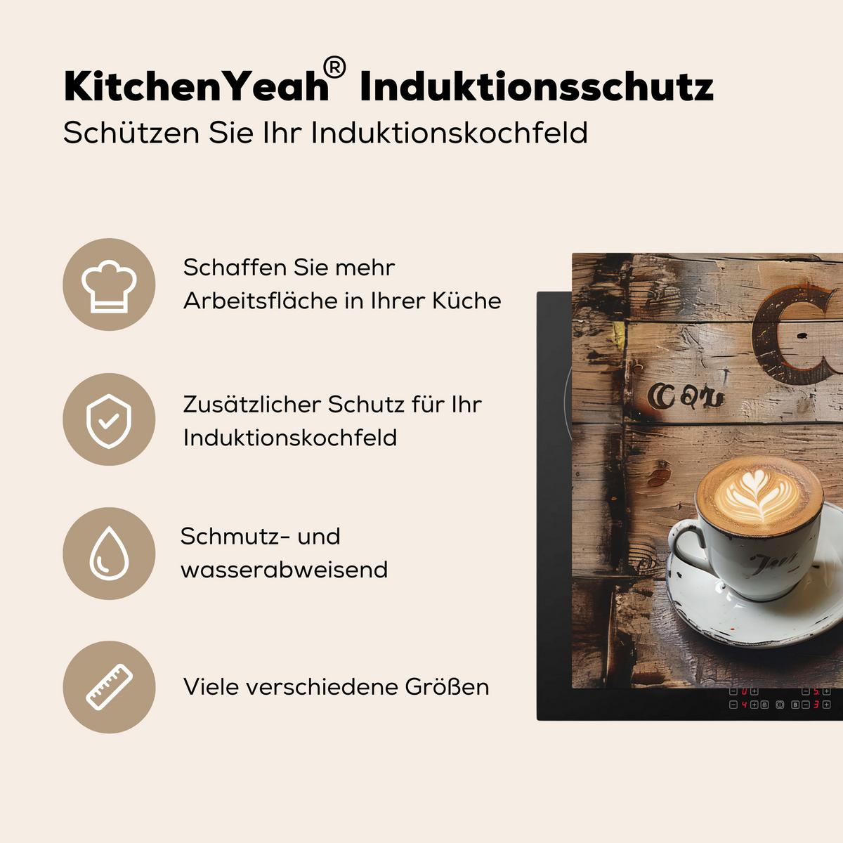 HERDABDECKPLATTE Cafe - Holz - Kaffee - Regale Induktionsmatte 81x52 cm - Schwarz, Kunststoff (81/52/0.2cm) - MuchoWow