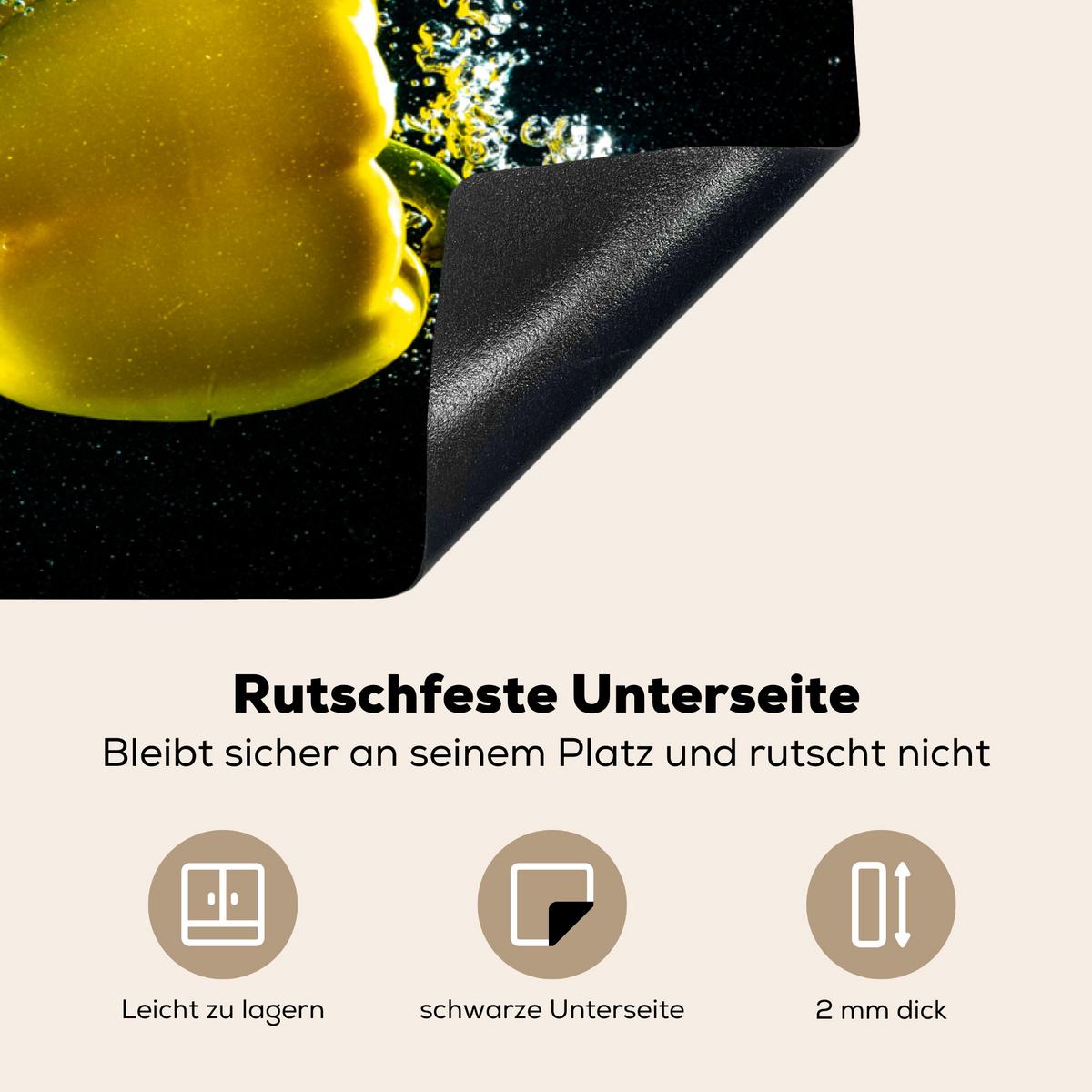 HERDABDECKPLATTE Paprika - Gemüse - Wasser - Schwarz - Rot - Grün - Gelb Ceranfeldabdeckung 90x52 cm - Multicolor, Kunststoff (90/52/0.2cm) - MuchoWow
