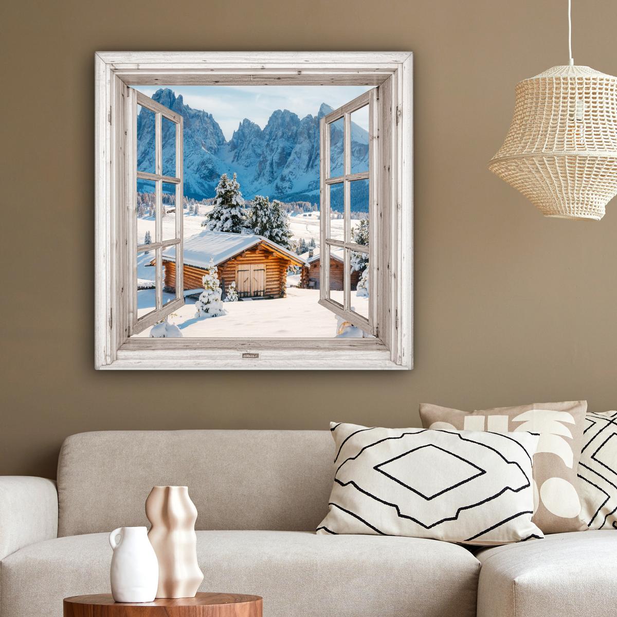 LEINWANDBILD Winterlandschaft - Hütte - Berge - Ausblicke - Aussicht - Natur Deko Groß 90x90 cm - Weiß Hochglanz, Textil (90/90cm) - MuchoWow