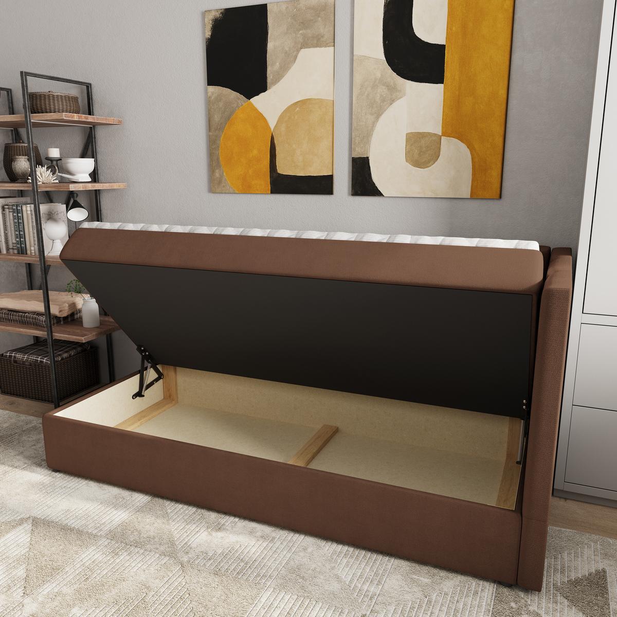 BOXBETT BEVE 90x200 cm mit Matratze und Topper, H2+H3 - Braun - Braun, Holz (90/200cm) - MASSENO