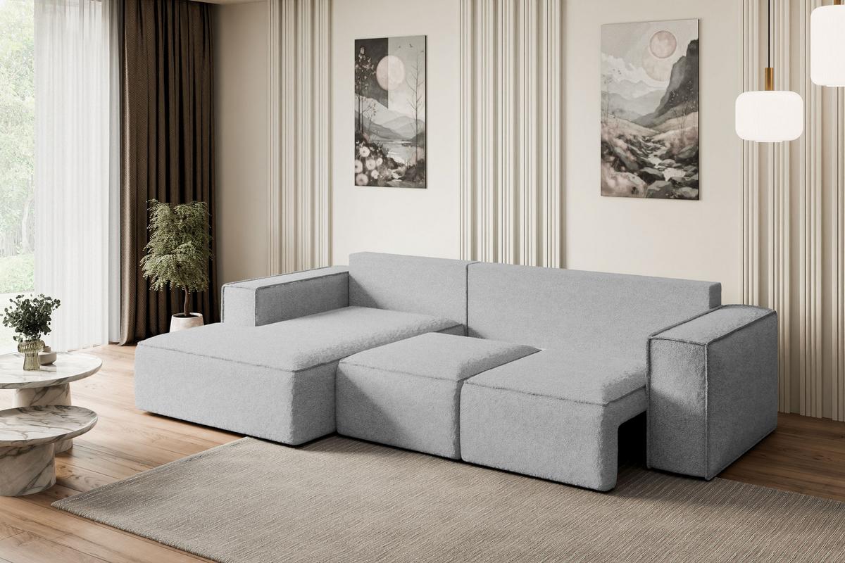 ECKSOFA mit Schlaffunktion und Bettkasten SERRA-L-S - 266x161x87 cm Hellgrau Bouclé - Hellgrau/Schwarz, Holzwerkstoff/Kunststoff (266/161cm) - ALTDECOR