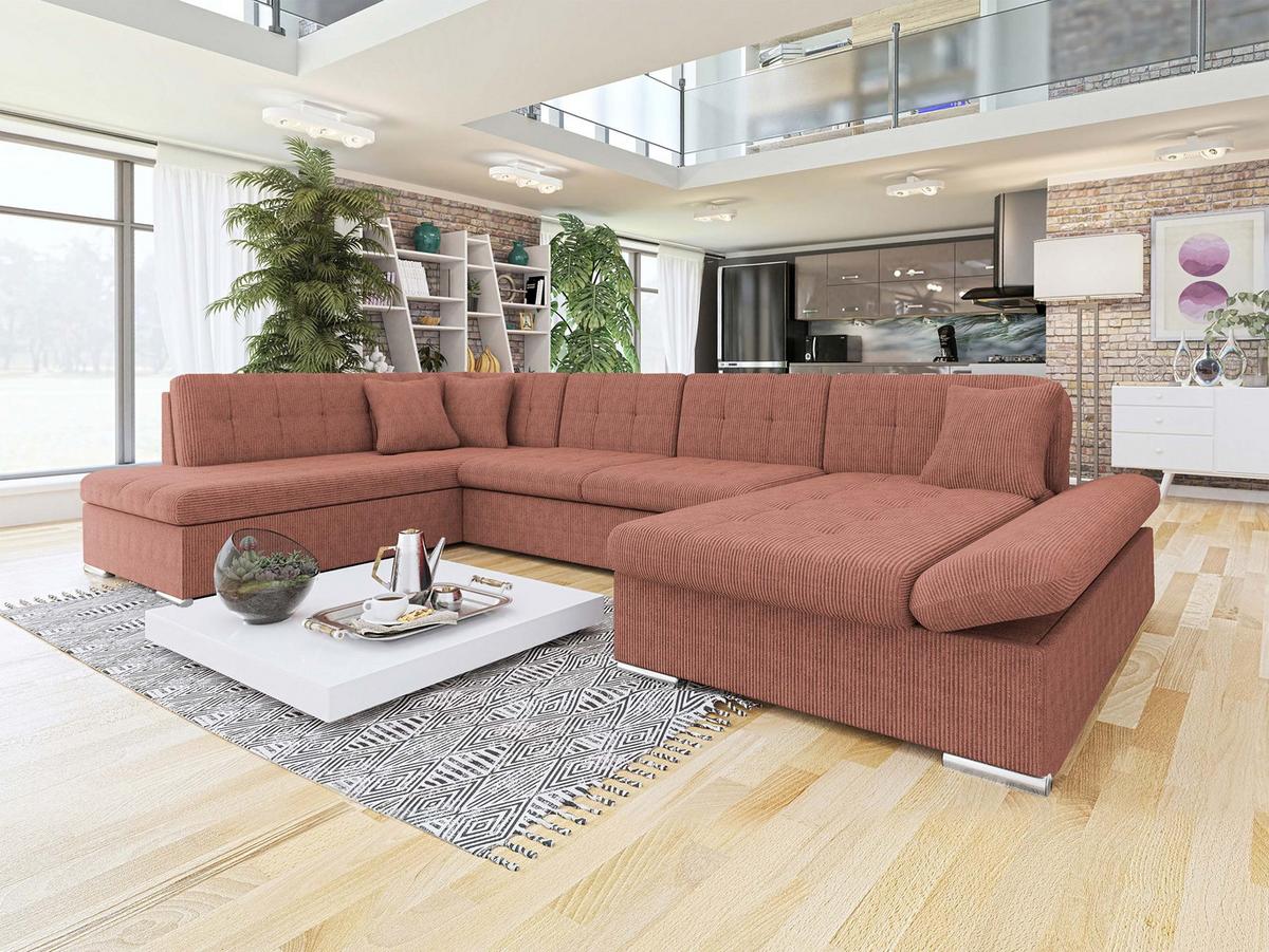 WOHNLANDSCHAFT Bergen Cord, Seite: Rechts - Silberfarben/Rosa, Holz/Textil (345/76/205cm) - MIRJAN24