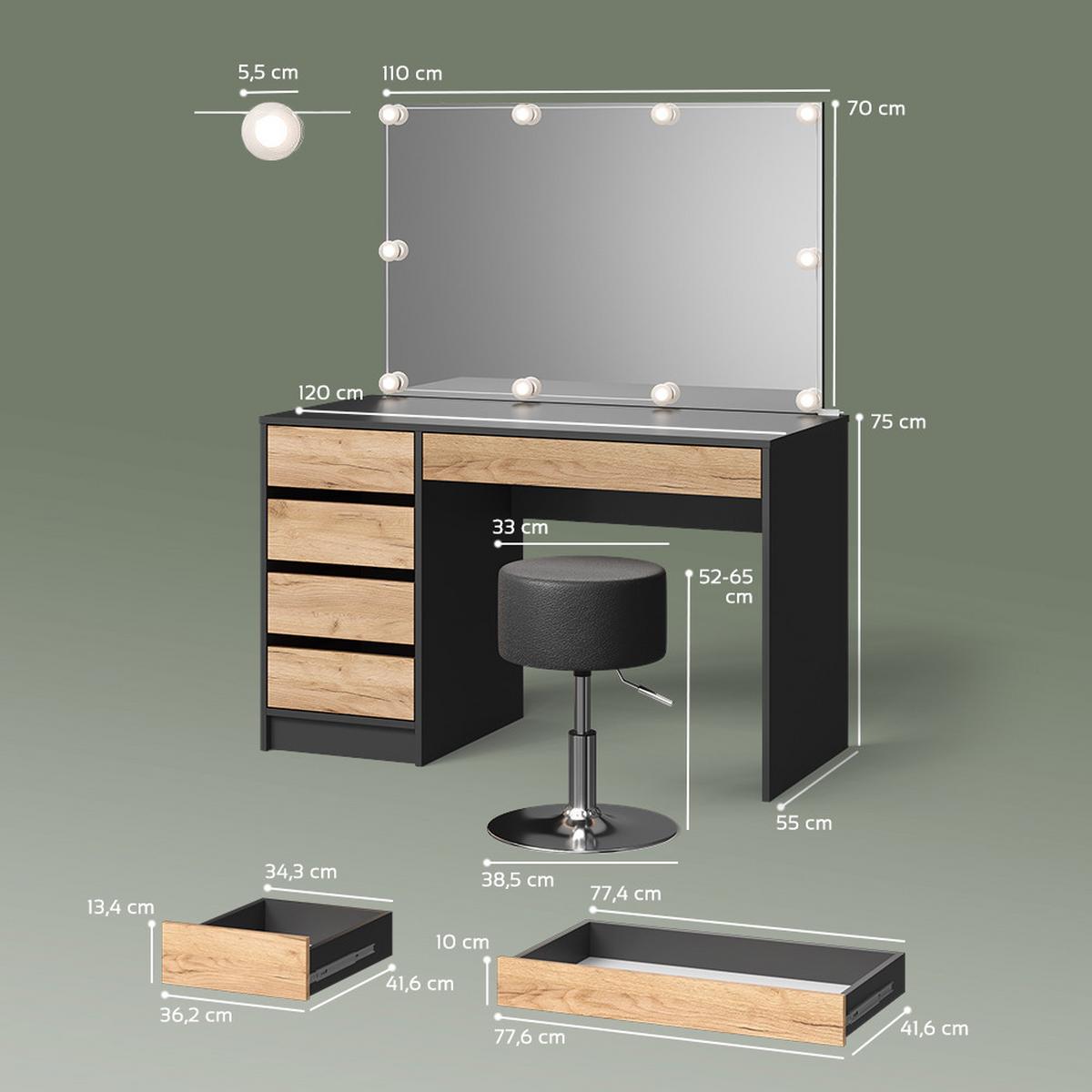 SCHMINKTISCH Imola Anthrazit/Goldkraft Eiche mit LED Beleuchtung und Hocker - Honigeiche/Anthrazit, Holzwerkstoff (120/75/55cm) - Livinity®