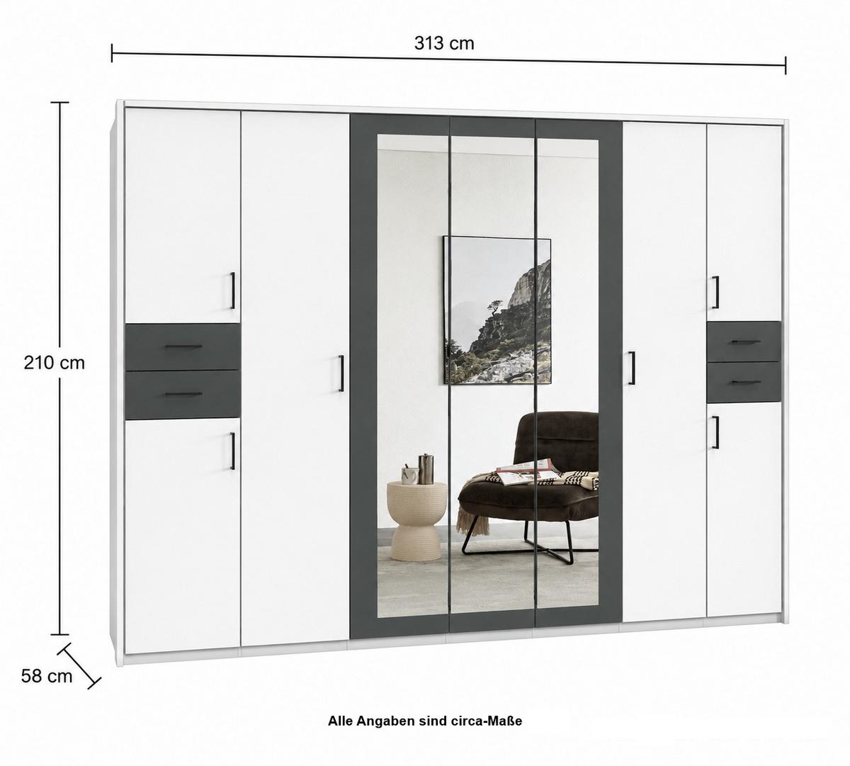 DREHTÜRENSCHRANK B313/H210/T58 cm, Weiß mit Absetzungen in Grafit, Kleiderschrank mit Passepartout&3Spiegeltüren&Schubkästen, Griffe schwarz / 22584 - Graphitfarben/Schwarz, Holzwerkstoff/Kunststoff (313/210/58cm) - luma-home