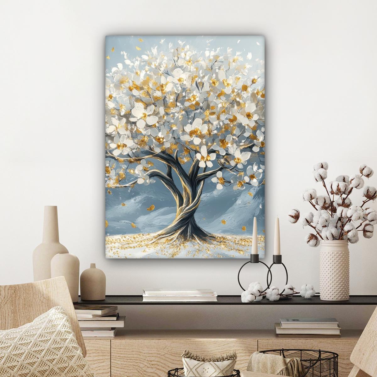 LEINWANDBILD Baum - Winter - Baum des Lebens - Modern - Gold Wandbild Wohnzimmer 60x80 cm - Goldfarben, Textil (60/80cm) - MuchoWow