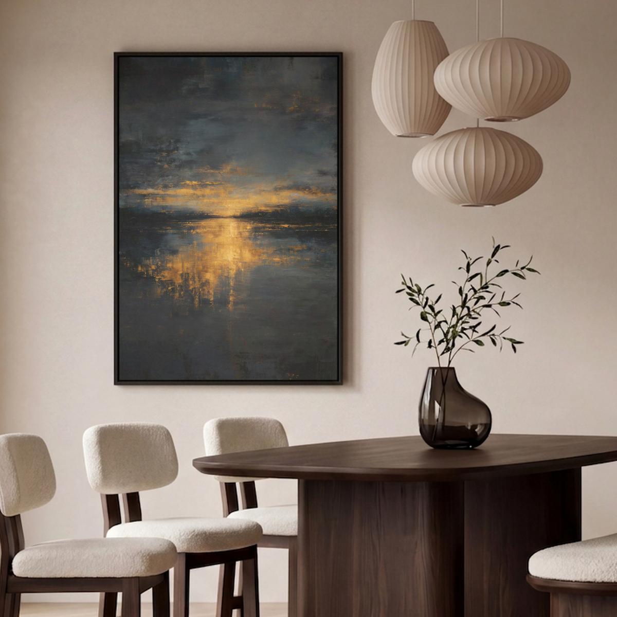 LEINWAND Bilder mit Rahmen - Goldene Reflexion auf dem Wasser - 90x140 - Anthrazit, Textil (90/140cm) - MuchoWow