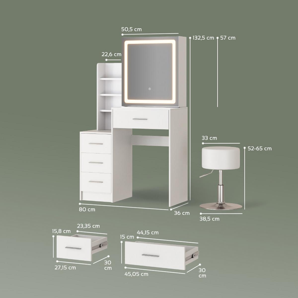SCHMINKTISCH Monza Weiß mit LED-Spiegel und Hocker - Weiß, Holzwerkstoff (80/131.6/36cm) - Livinity®