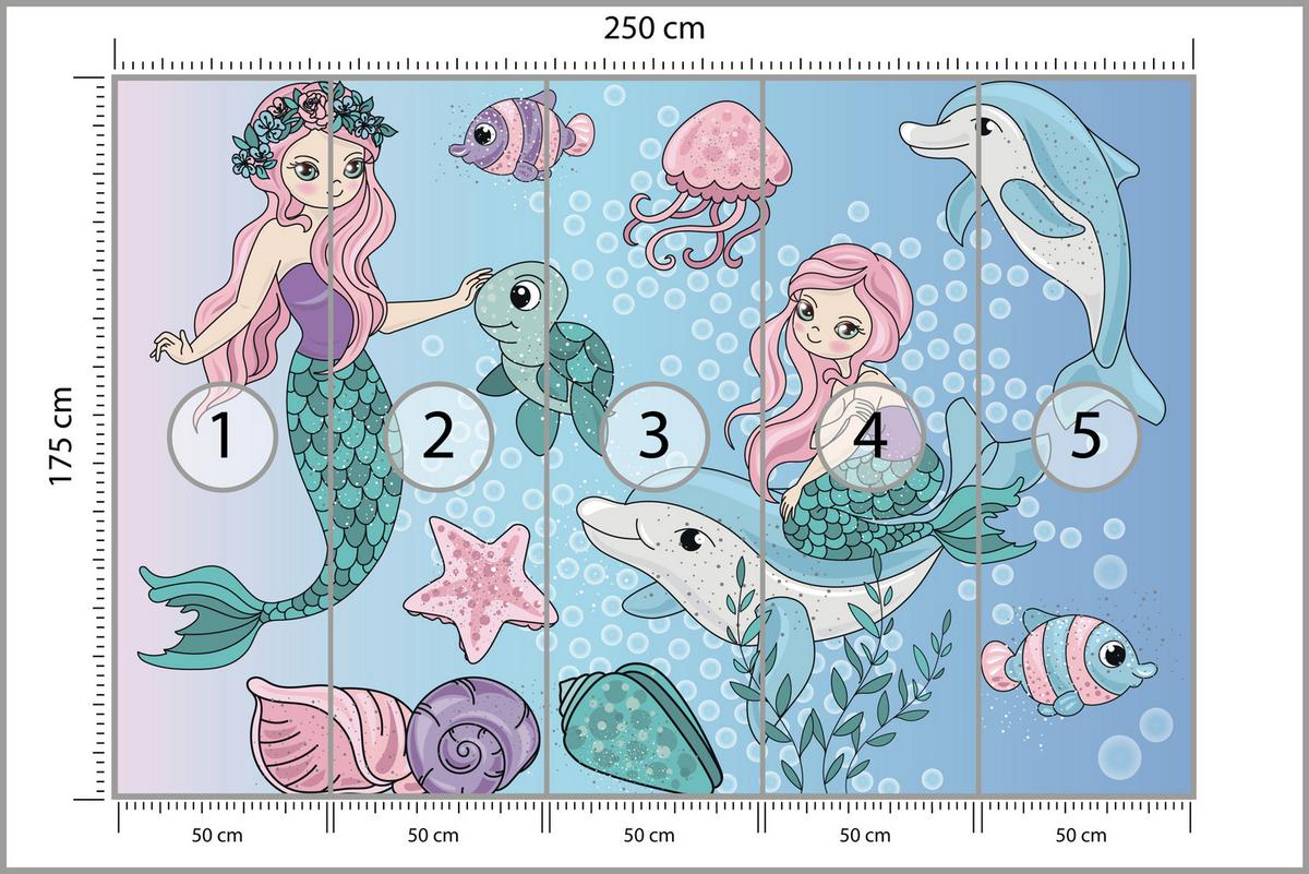 FOTOTAPETE für Kinderzimmer Meerjungfrauen Delfine Fische Muscheln Qualle Schildkröte 250x175 - Multicolor, Papier (250/175cm) - Muralo