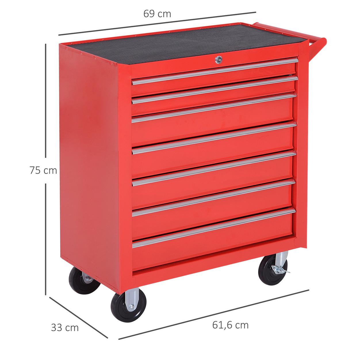 WERKSTATTWAGEN mit Rollen, Werkzeugwagen mit 7 Schubladen, abschließbar Stahl - Rot, Metall (33/75/69cm) - DURHAND