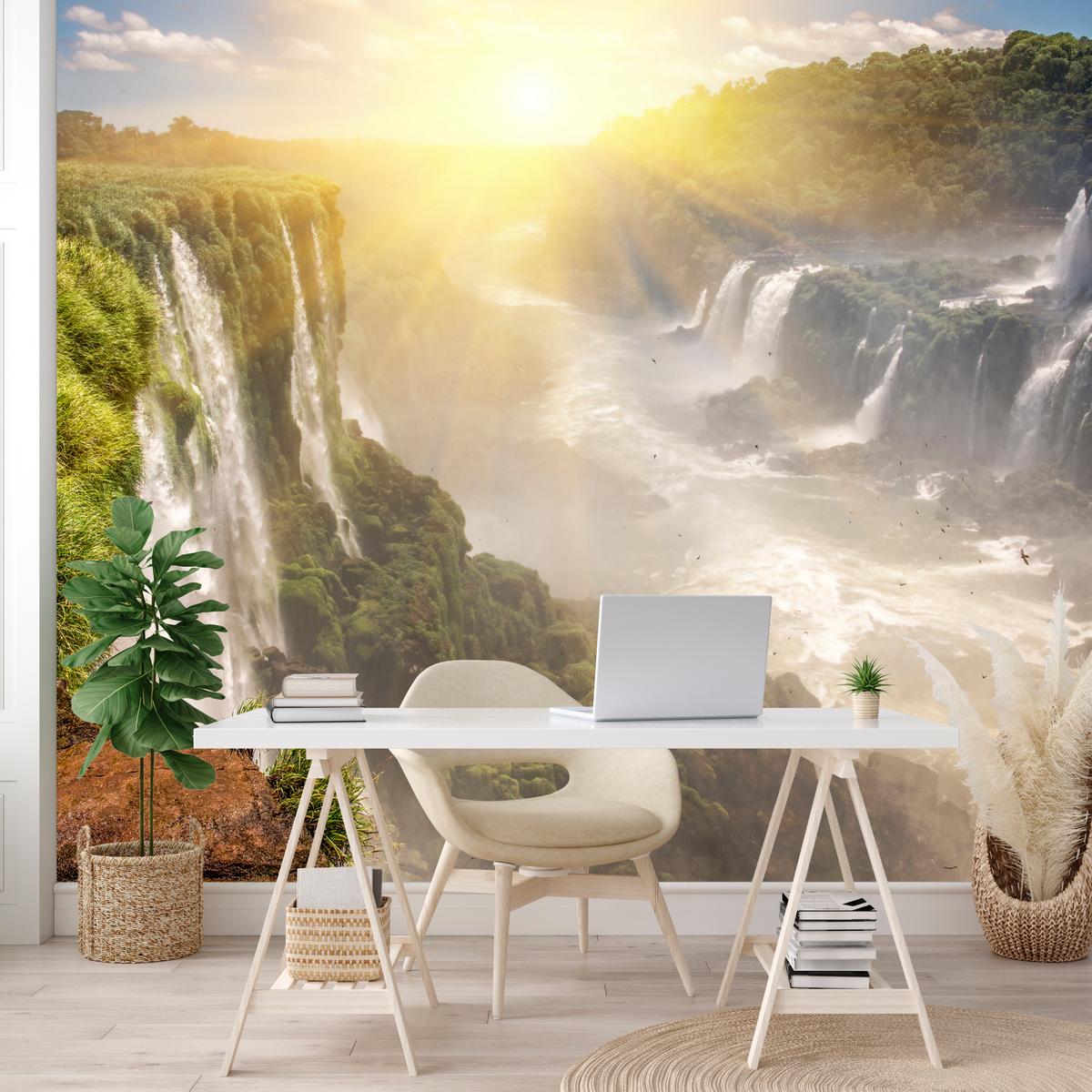 FOTOTAPETE für Wohnzimmer Wasserfall Sonnenaufgang Pflanzen 400x280 - Gelb/Beige, Papier (400/280cm) - Muralo