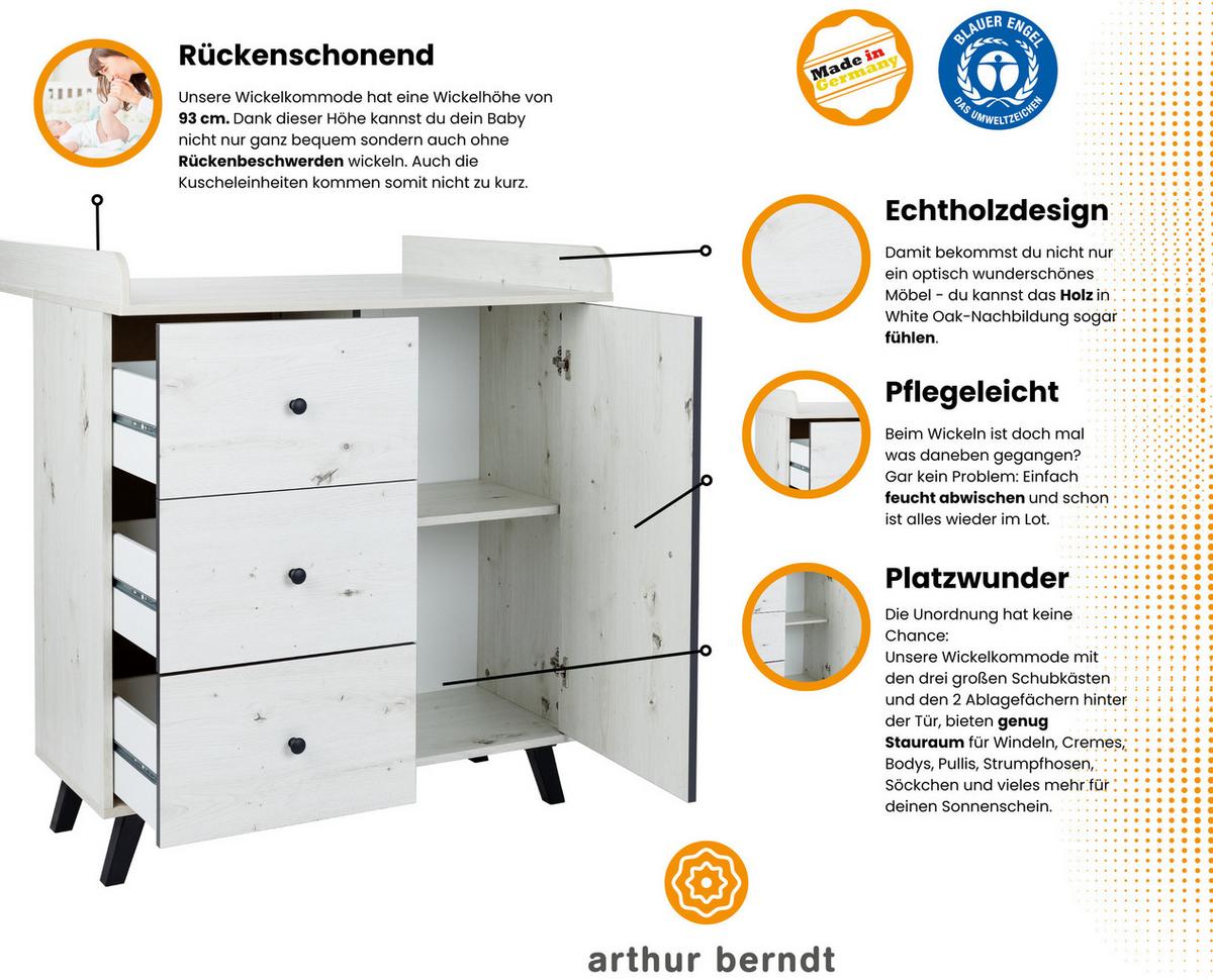 WICKELKOMMODE Lavea Landhausstil White Oak - Schwarz/Weiß, Holzwerkstoff/Kunststoff (88/100/75cm) - arthur berndt