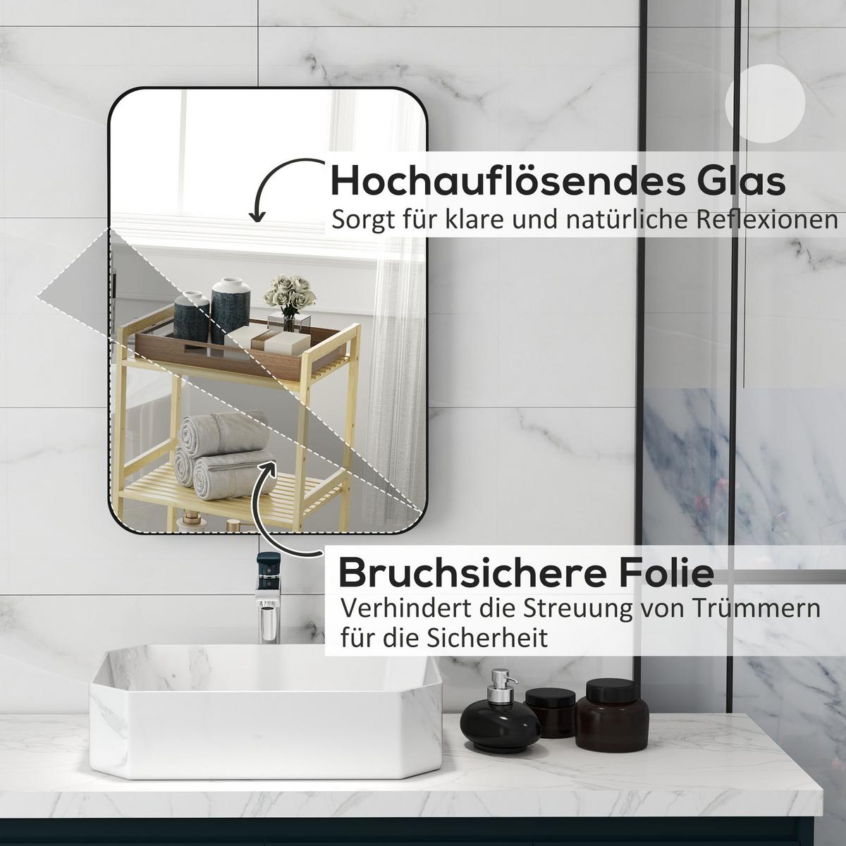 BADSPIEGEL Glas Metall Schwarz - Schwarz, Glas (50/70/2.5cm) - HOMCOM