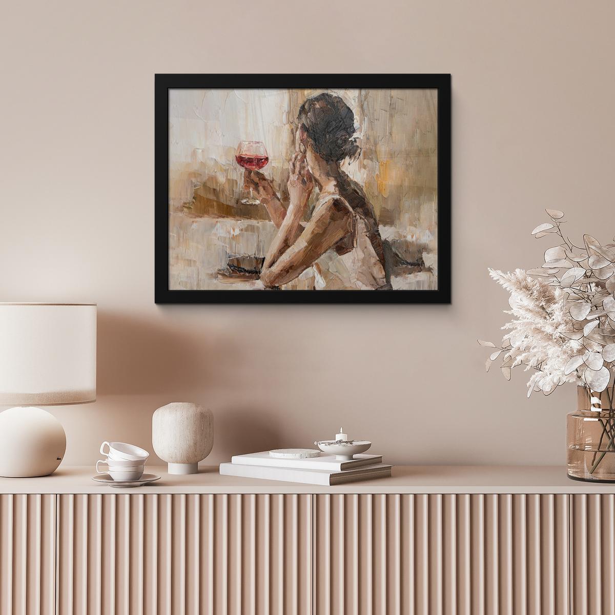 POSTER MIT RAHMENGERAHMTES BILD Ölgemälde - Frau - Wein 40x30 cm - Hellbraun, Papier (40/30cm) - MuchoWow