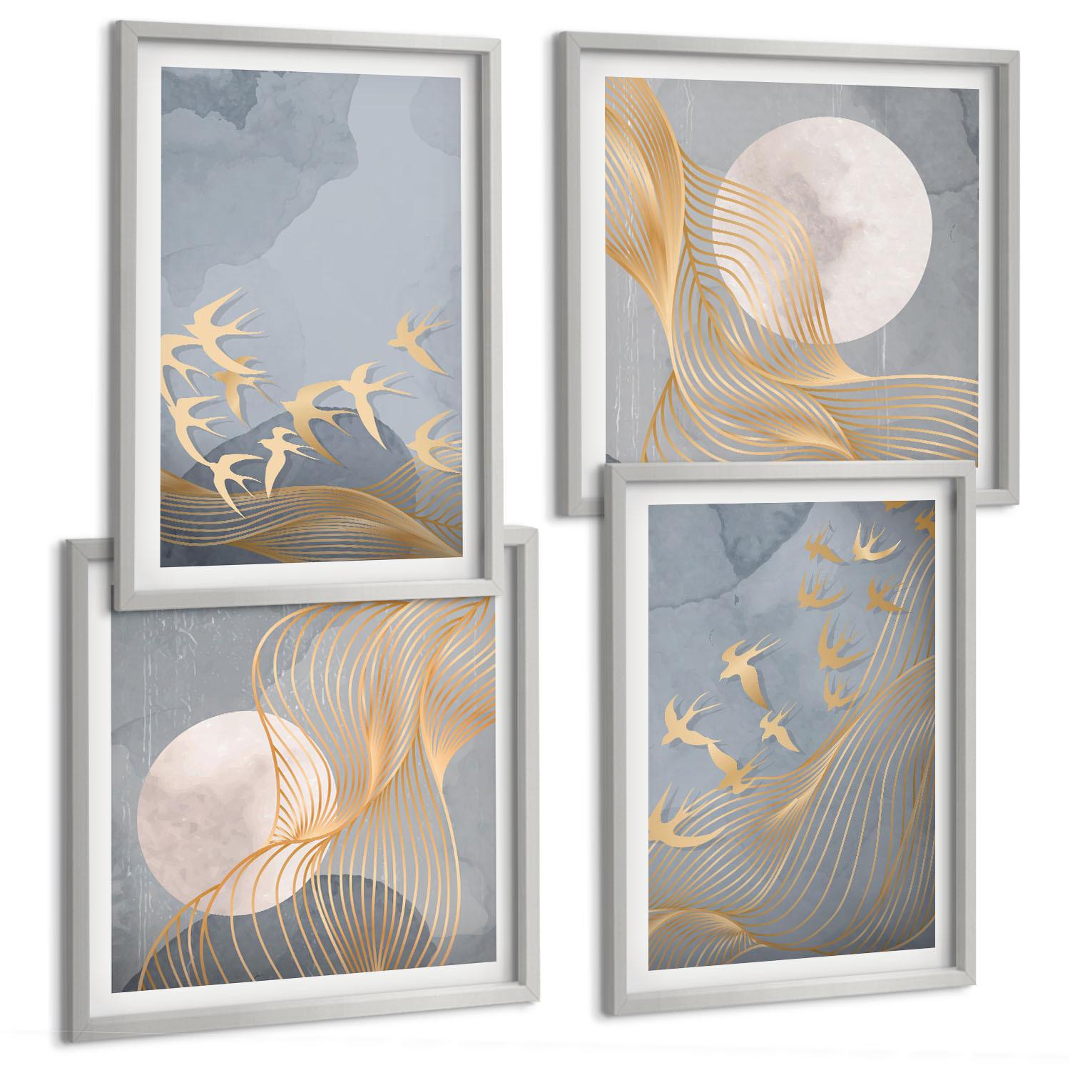 BILDER SET 4er Set - 50x50 cm & 40x60 cm Silberner Rahmen - Vögel im Flug, Himmel, Mond - Silberfarben, Kunststoff (50/50cm) - TULUP