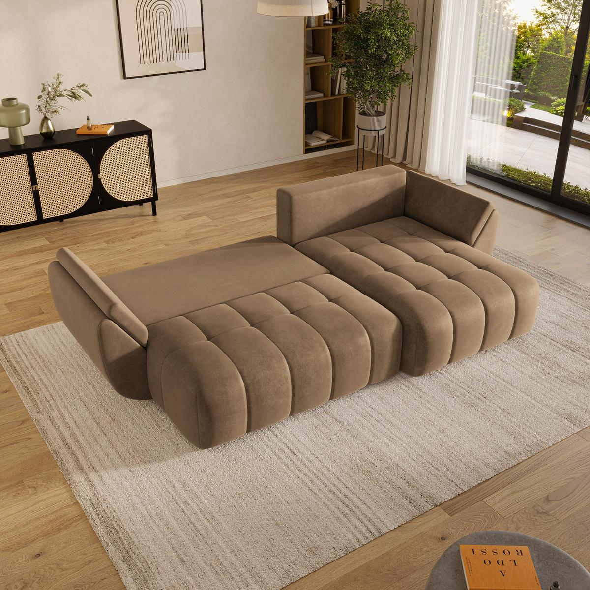 ECKSOFA OLSI Beige Velours-Stoff mit Schlaffunktion - Beige, Holz (285/148cm) - MASSENO
