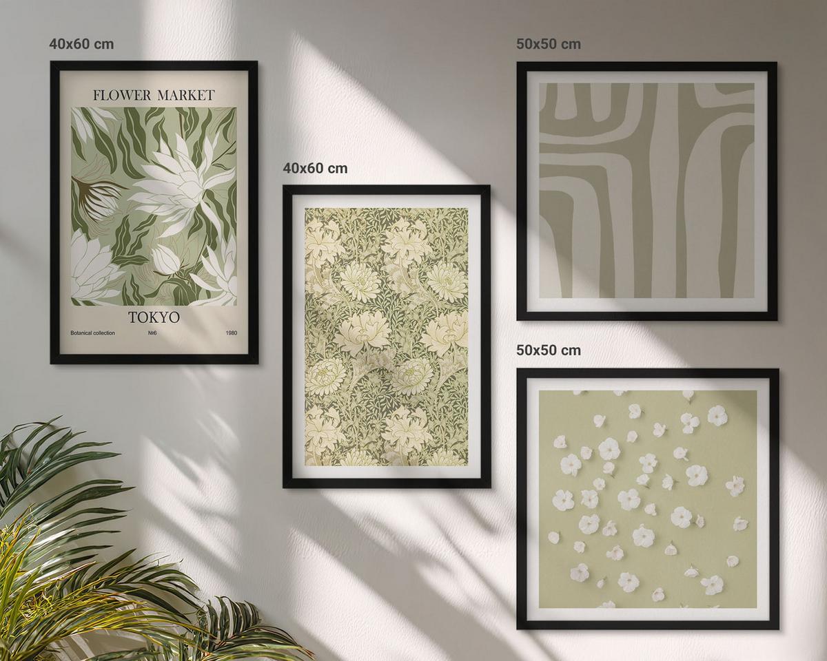 BILDER SET 4er Set - 50x50 cm & 40x60 cm Schwarzer Rahmen - Boho-Pflanzenkompositionen in Pastellfarben - Schwarz, Kunststoff (50/50cm) - TULUP
