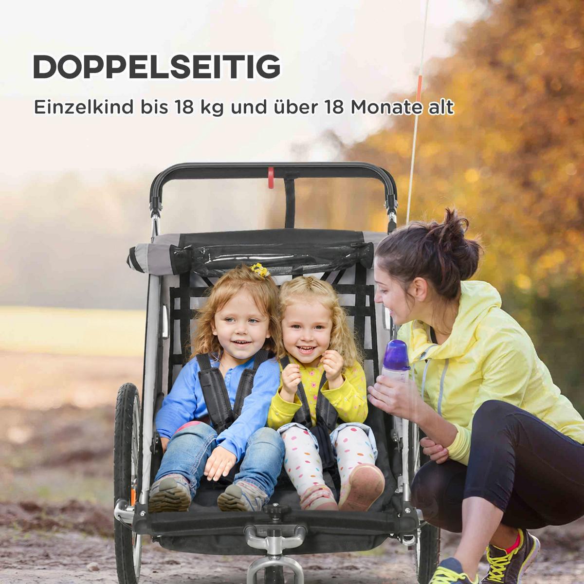 KINDERFAHRRADANHÄNGER, Stahl, Polyester, Grau+Schwarz - Grau, Kunststoff (75/101/142cm) - HOMCOM