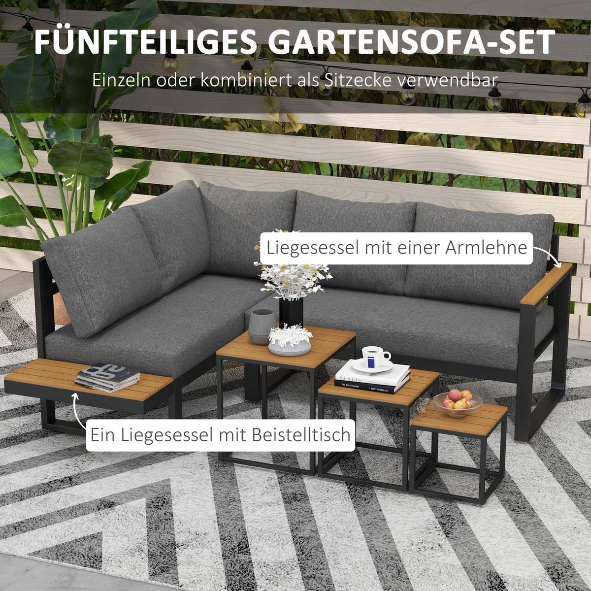 GARTENMÖBEL-SET, mit Ecksofa, Couchtisch, mit Sitzkissen, Aluminium, Kunststoff, Grau - Dunkelgrau, Metall - Outsunny