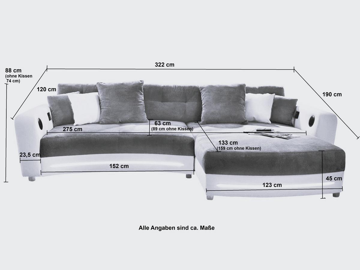 MULTIMEDIA-ECKSOFA Soundsystem RGB-LED Beleuchtung Bluetooth USB AUX-in,seitenverkehrt montierbar B322/T190/H88cm,Kunstleder Schwarz-Mikrof.Grau/15411 - Chromfarben/Schwarz, Kunststoff/Textil (322/88/190cm) - luma-home