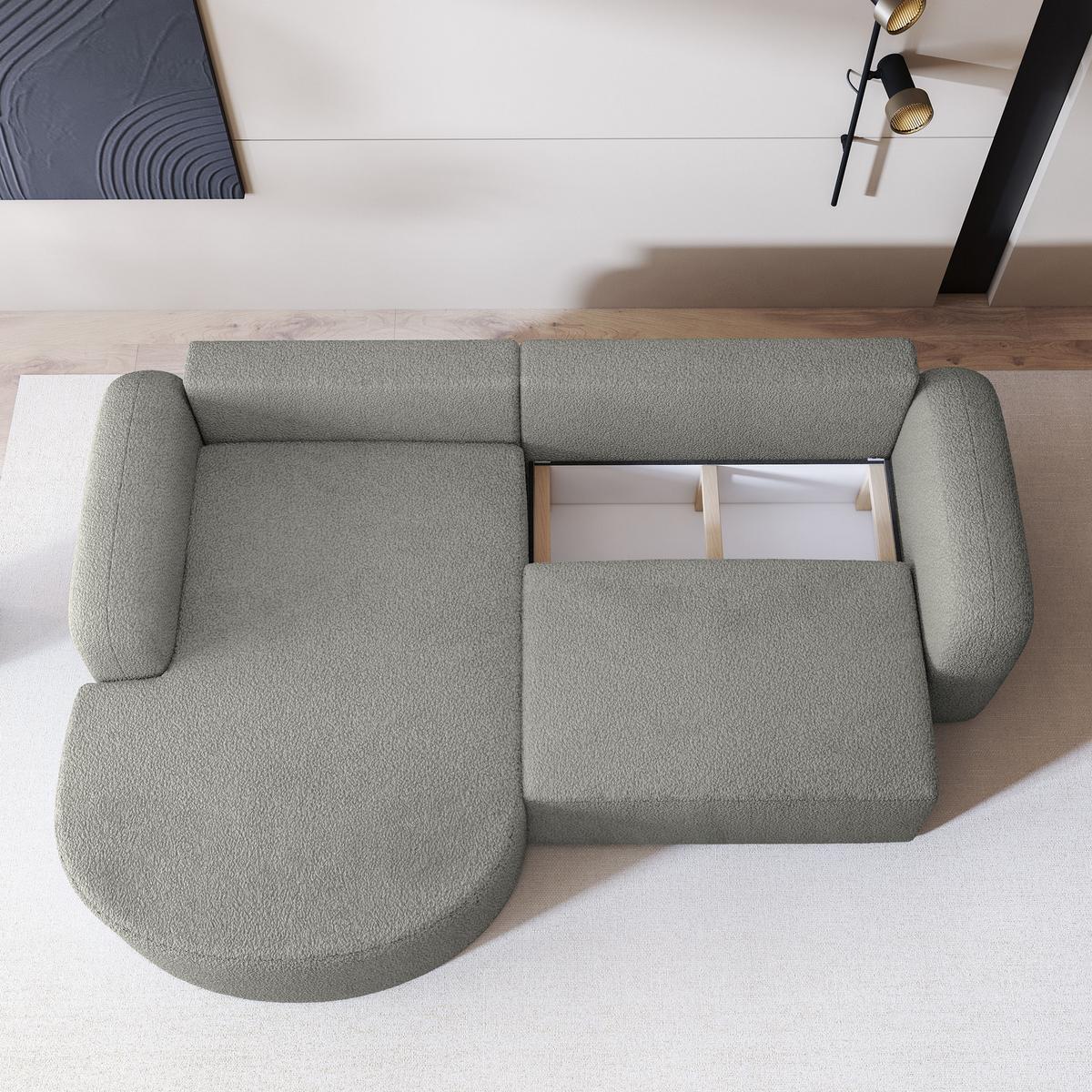 ECKSOFA AMILIA L-S Hellgrau Boucle-Stoff mit Schlaffunktion - Hellgrau, Holz (263/174cm) - MASSENO