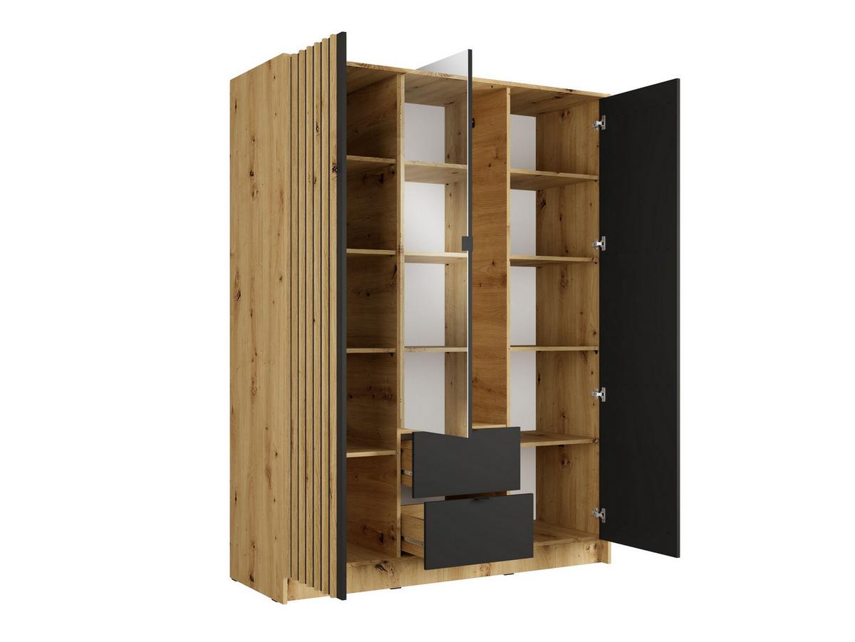 DREHTÜRENSCHRANK SATREN 150,8/200,5/54,5cm 3-türig mit Spiegel Eiche Artisan - Schwarz/Eiche Artisan, Holzwerkstoff (150.8/200.5/54.5cm) - MASSENO
