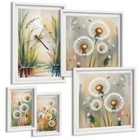 BILDER SET 5er Set - 50x50 cm & 20x30 cm & 40x60 cm Weißer Rahmen - Pastellfarbene Löwenzahnblüten - Weiß, Kunststoff (40/60cm) - TULUP