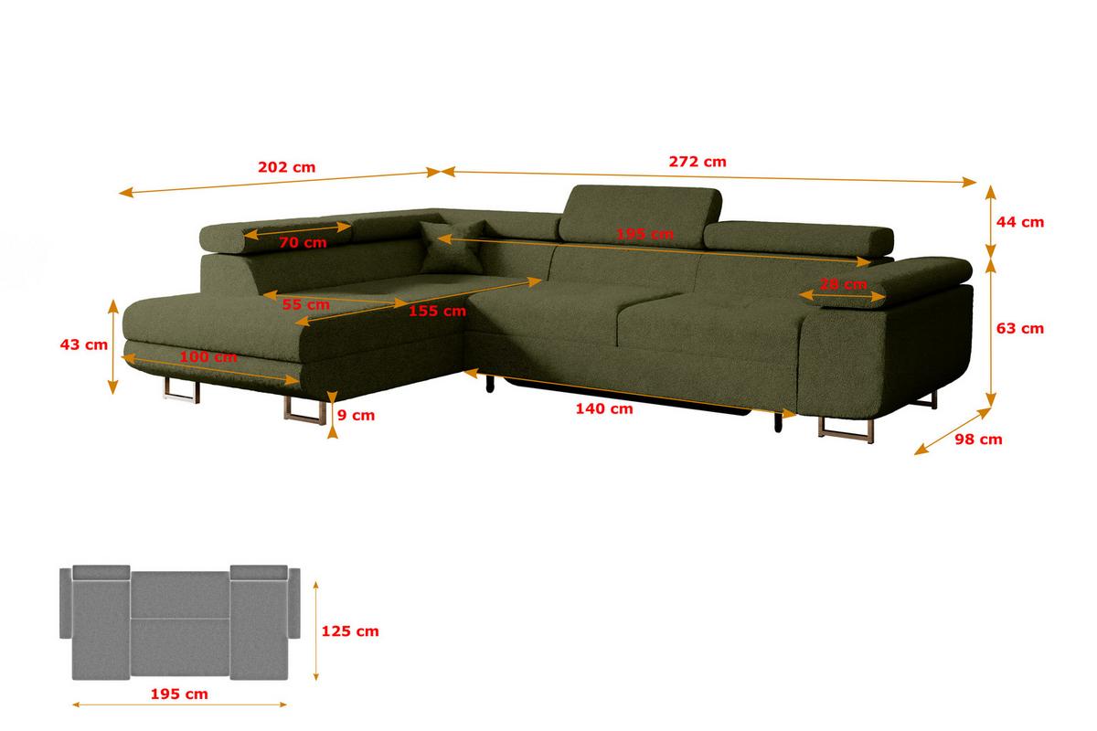 ECKSOFA mit Schlaffunktion und Bettkasten GUSA-L 272x202x107 cm Grün Bouclé - Silberfarben/Grün, Holzwerkstoff/Textil (202/272cm) - ALTDECOR