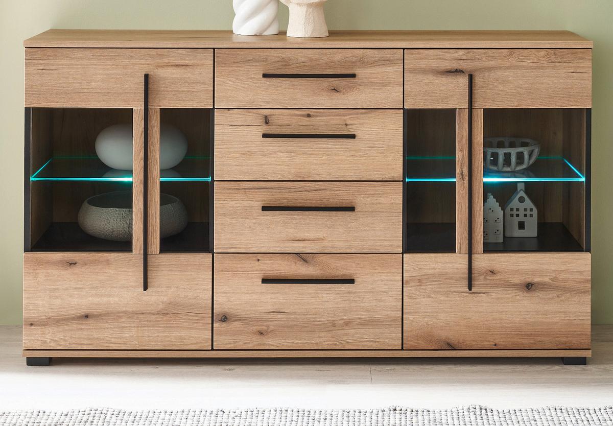 SIDEBOARD Eiche Evoke, Kommode 150 cm mit Soft-Close - Eichefarben/Schwarz, Glas/Holzwerkstoff (150/86/42cm) - Furn.Design