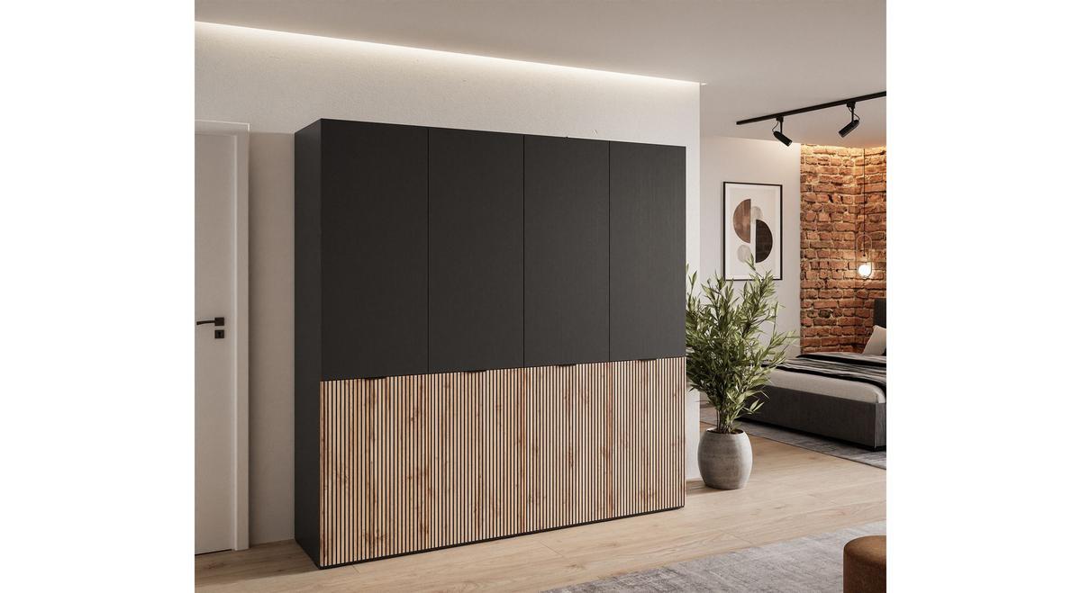 KLEIDERSCHRANK SANDBOX LOFT 200 202/49/200 cm Schwarzgraphit / Schwarzgraphit + Eiche Wotan ohne LED ohne Zusatzböden - Eiche Wotan/Schwarz, Holzwerkstoff/Kunststoff (202/200/49cm) - Lookway