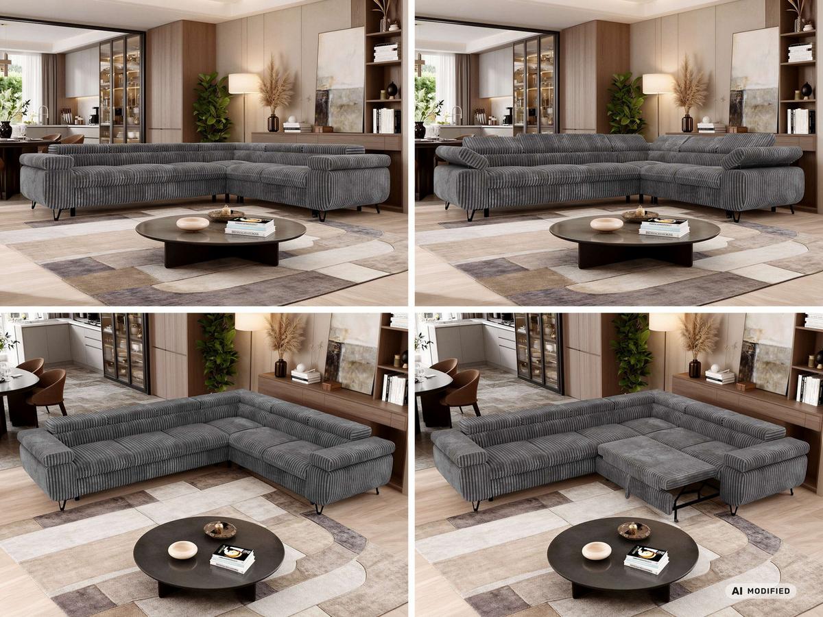 ECKSOFA NORDEN L - Grau Cord - Links Seite - Schwarz/Grau, Textil/Metall (269/329cm) - MKS