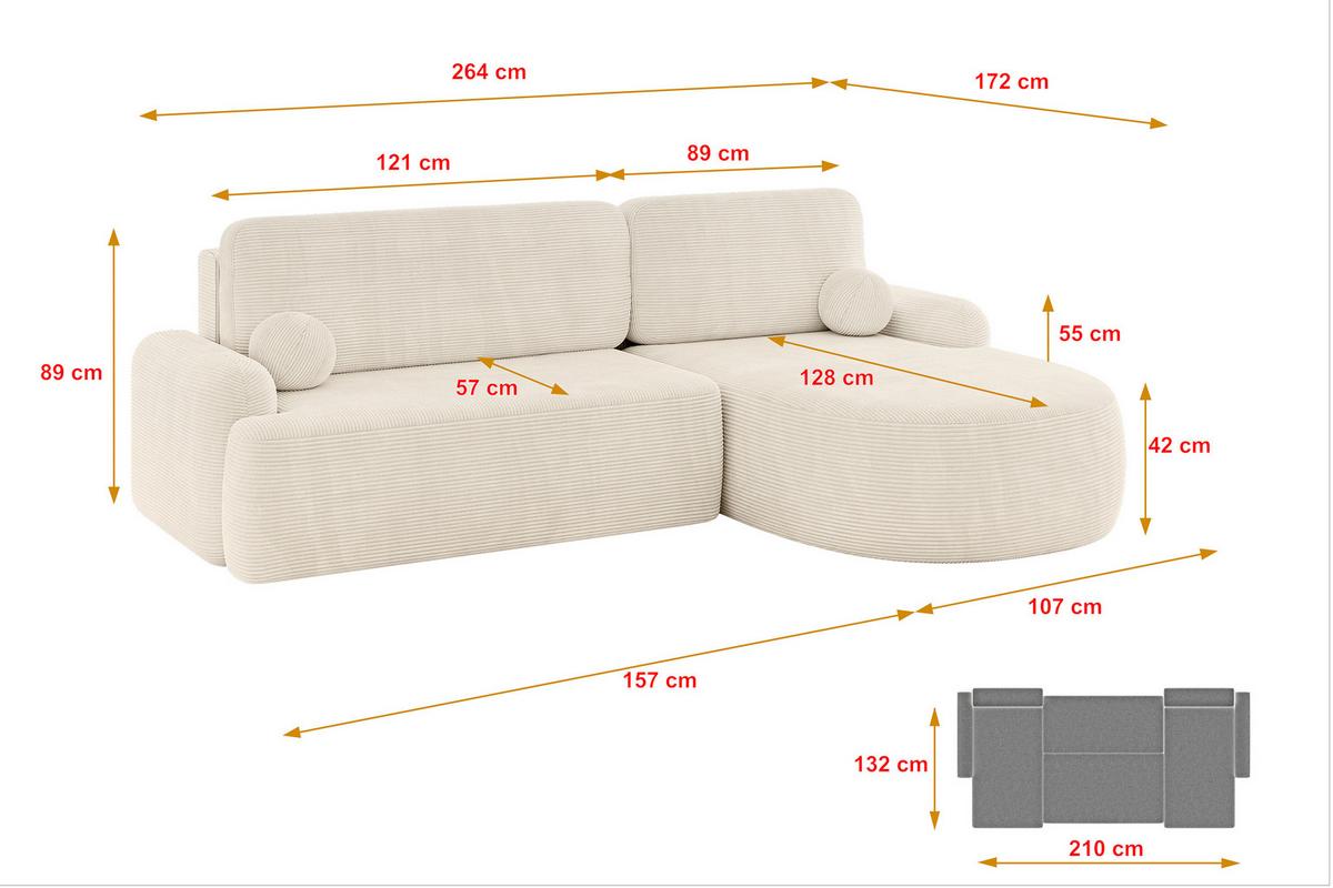 ECKSOFA mit Schlaffunktion und Bettkasten LIRA-L - 264x172x89 Beige - Beige, Holzwerkstoff/Textil (172/264cm) - ALTDECOR