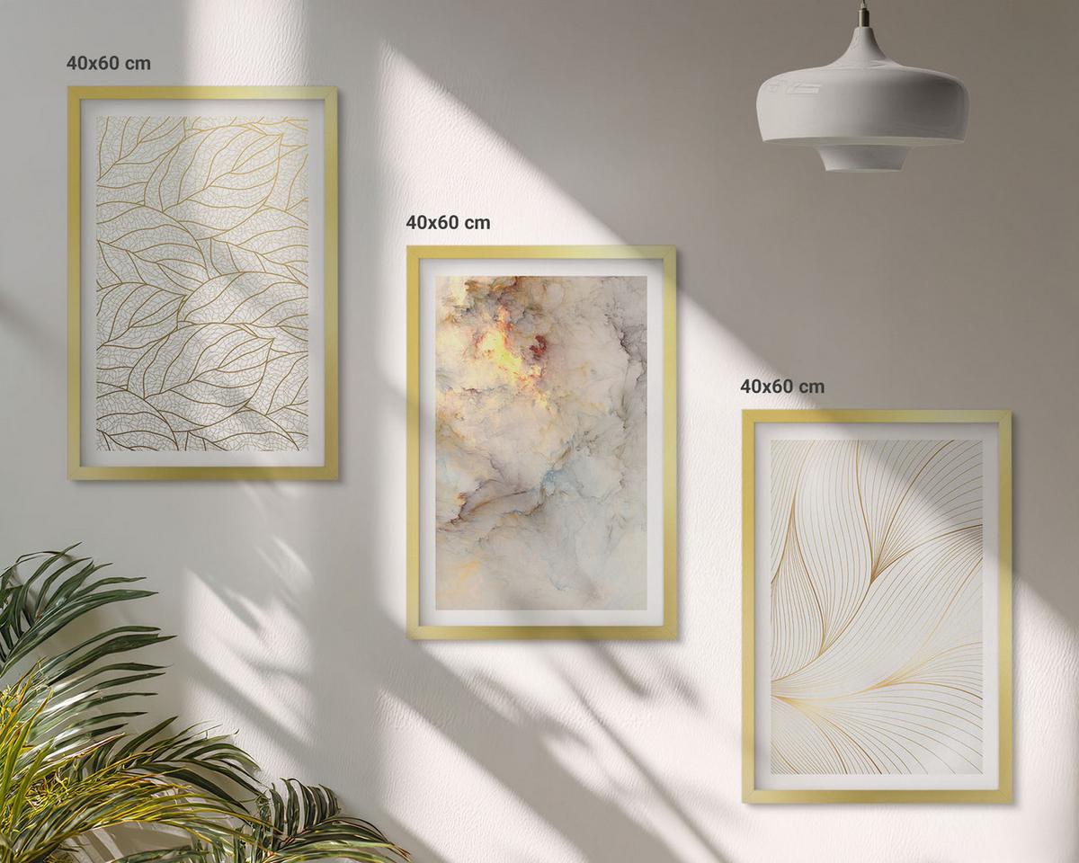 BILDER SET 3er Set - 40x60 cm Goldrahmen - Blättermuster Marmor abstrakt - Goldfarben, Kunststoff (40/60cm) - TULUP