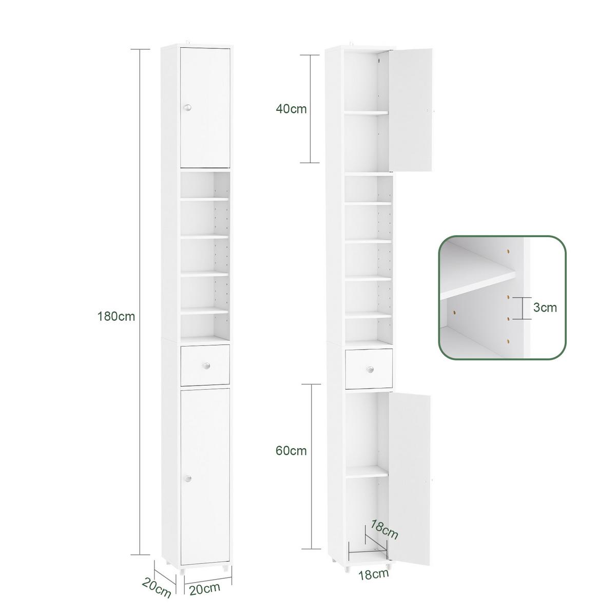 HOCHSCHRANK schmal Badschrank Weiß 20x180x20cm - Weiß, Holzwerkstoff (20/180/20cm) - SoBuy
