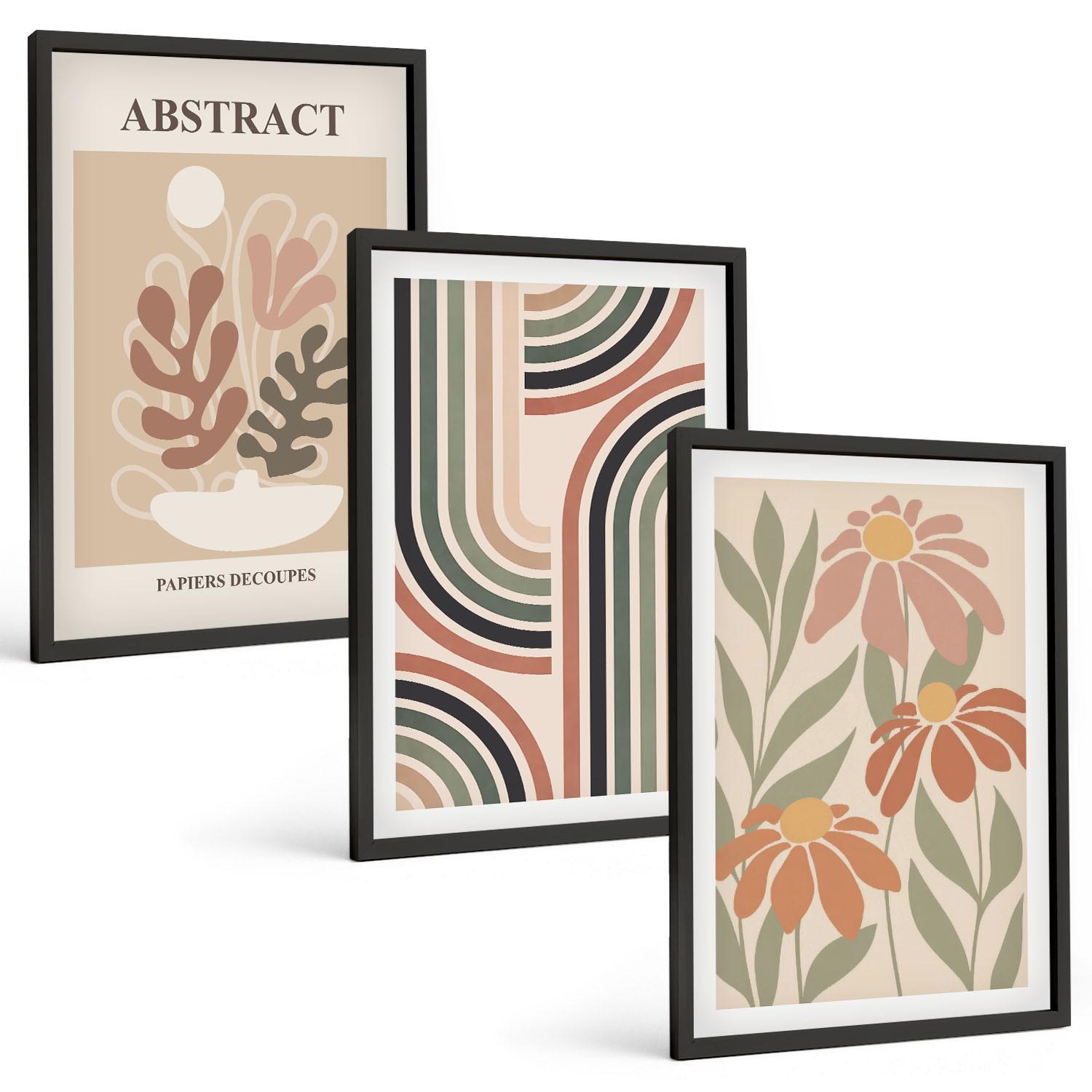BILDER SET 3er Set - 40x60 cm Schwarzer Rahmen - Abstrakte Pflanzen in Pastellfarben - Schwarz, Kunststoff (40/60cm) - TULUP