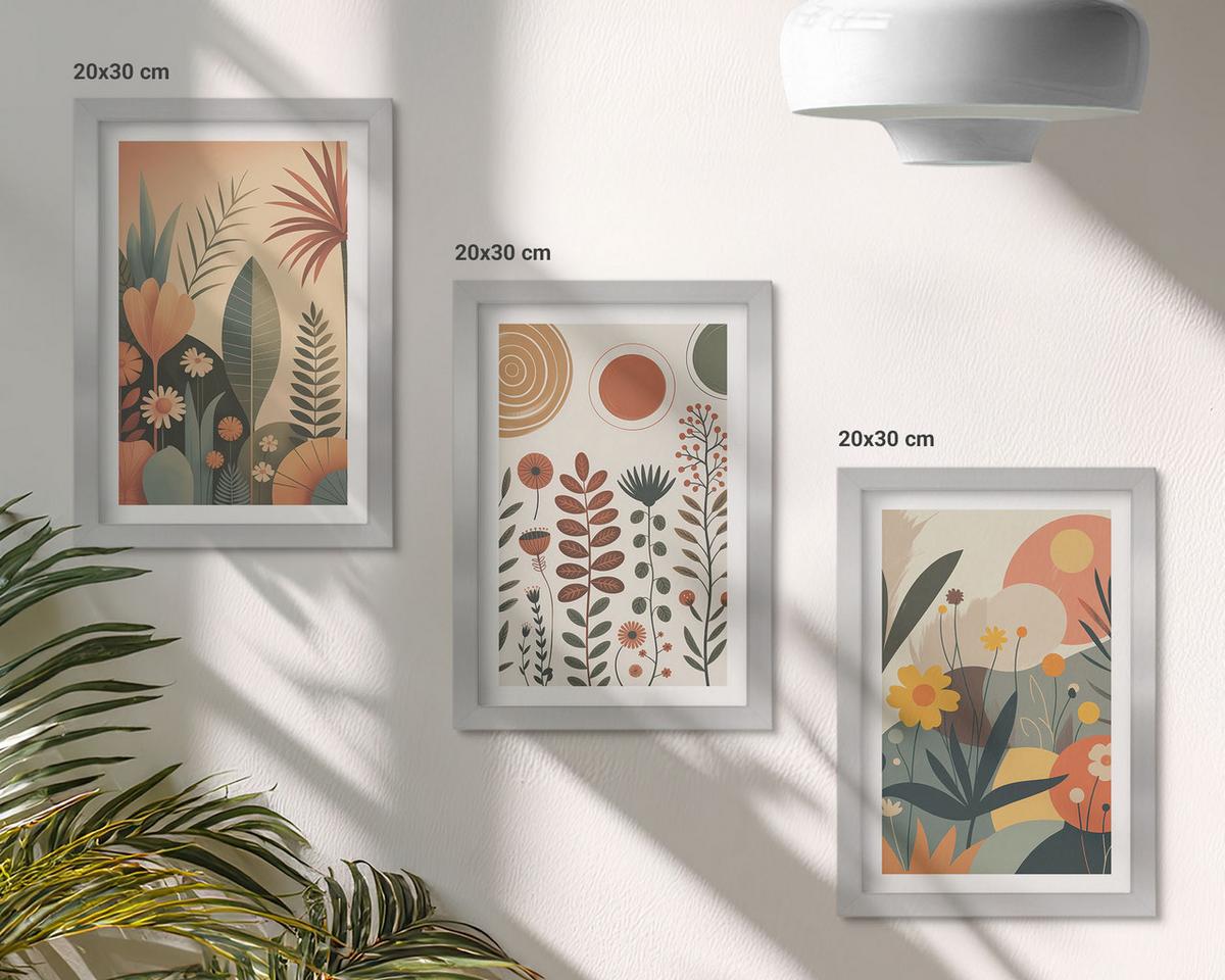 BILDER SET 3er Set - 20x30 cm Silberner Rahmen - Boho-Pflanzenmuster Natur - Silberfarben, Kunststoff (20/30cm) - TULUP