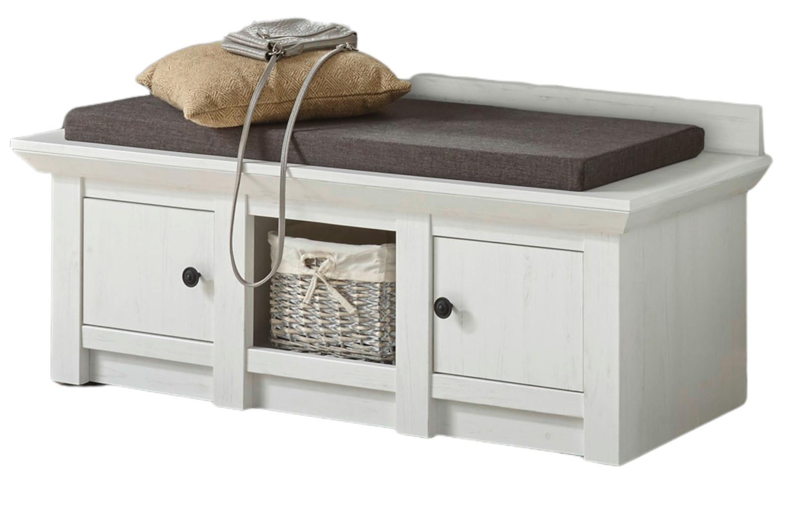 GARDEROBENBANK Pinie weiß 124 cm, Landhaus Schuhbank mit Stauraum - Schwarz/Weiß, Holzwerkstoff/Metall (124/42/45cm) - Furn.Design